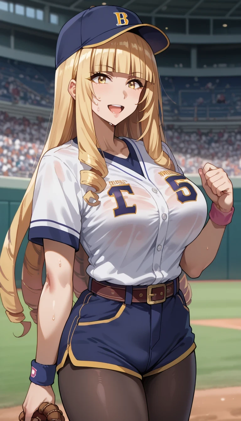 score_9, score_8_up, score_7_up, source_anime,
orianarose, oriana rose, long hair, blonde hair, yellow eyes, drill hair, bangs, blunt bangs, mature female, large breasts, 
flash gyaru, 1girl, baseball_uniform, hat, sportswear, shorts, breasts, belt, baseball_cap, large_breasts, open_mouth, sweat, pantyhose, solo_focus, thighs, clothes_writing, smile