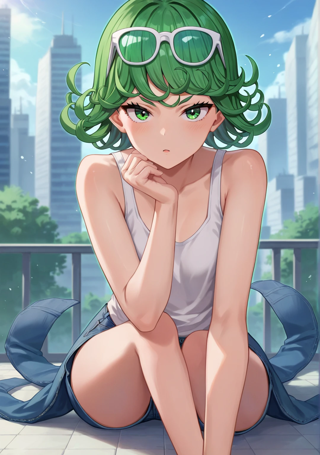 score_8_up, score_7_up, score_6_up, score_5_up, score_4_up, anime screenshot, looking at viewer, upper body,
1girl, tatsumaki, green hair, green eyes, short hair, curly hair, thighs, looking at viewer,
white tank top, jeans, eyewear on head, 
BREAK
on floor, looking at viewer, city,