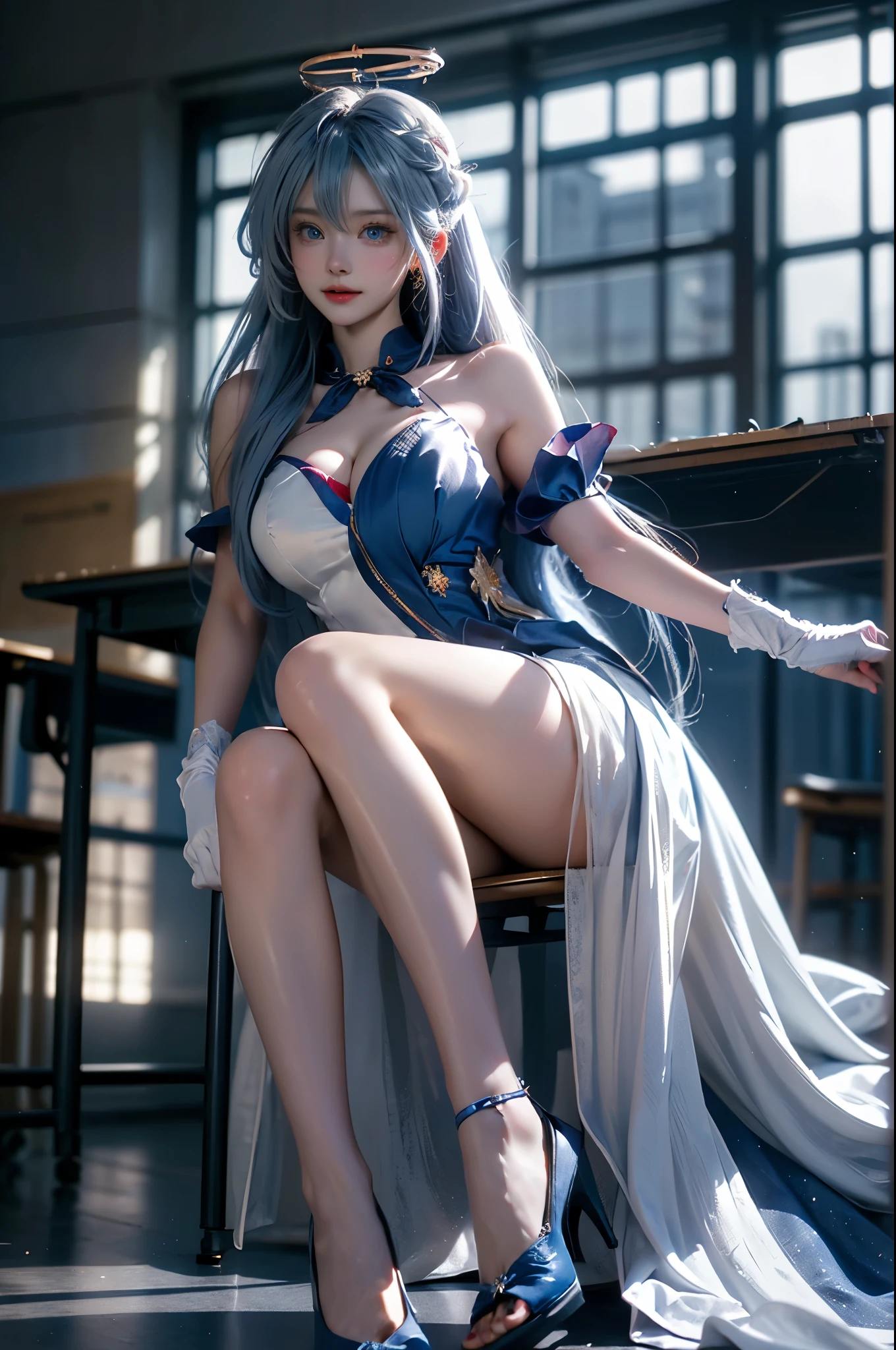 HonkaiStarRail_Robin,1girl, blue long hair,blue eyes,(halo,head wings),blue&white dress, high heels, ((photorealistic)), ((masterpiece)), (ultra-detailed), (high quality), (At night, warm colors of light), beautiful young woman, (Full breasts, visible cleavage), (Very short hemline, revealing smooth thighs), (Correct and beautiful leg shape), perfect facial features, flawless skin, flowing long hair, slim figure, (sitting on the desk in the classroom:1.3), (Toes touch the ground:1.2), (one hand elegantly running through her hair:1.2), soft natural lighting, shallow depth of field, cinematic lighting, professional photography, 85mm lens, F2.8, bokeh