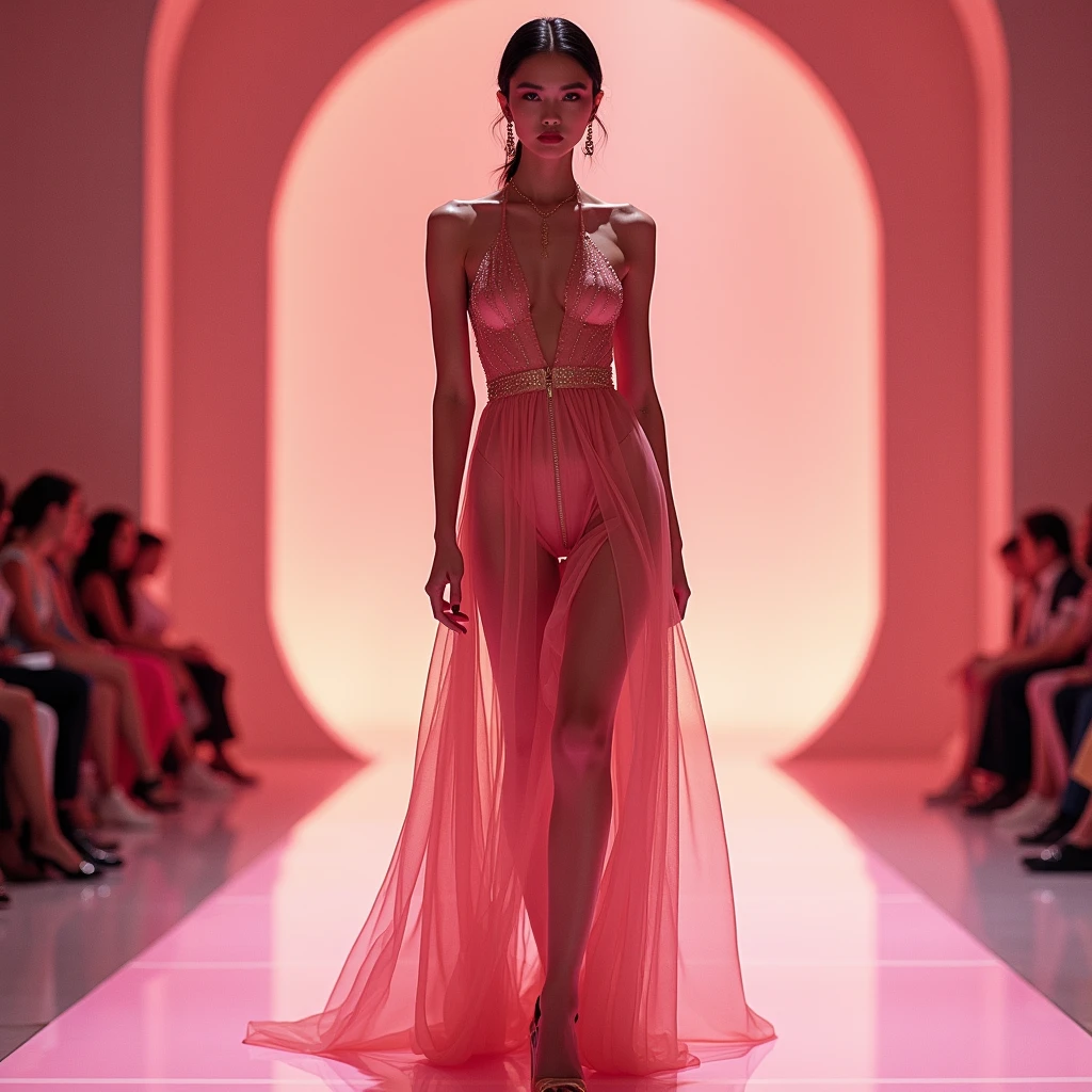 Modern Asian beauty wearing a shiny mesh on and walking on the fashion stage to show off new style can