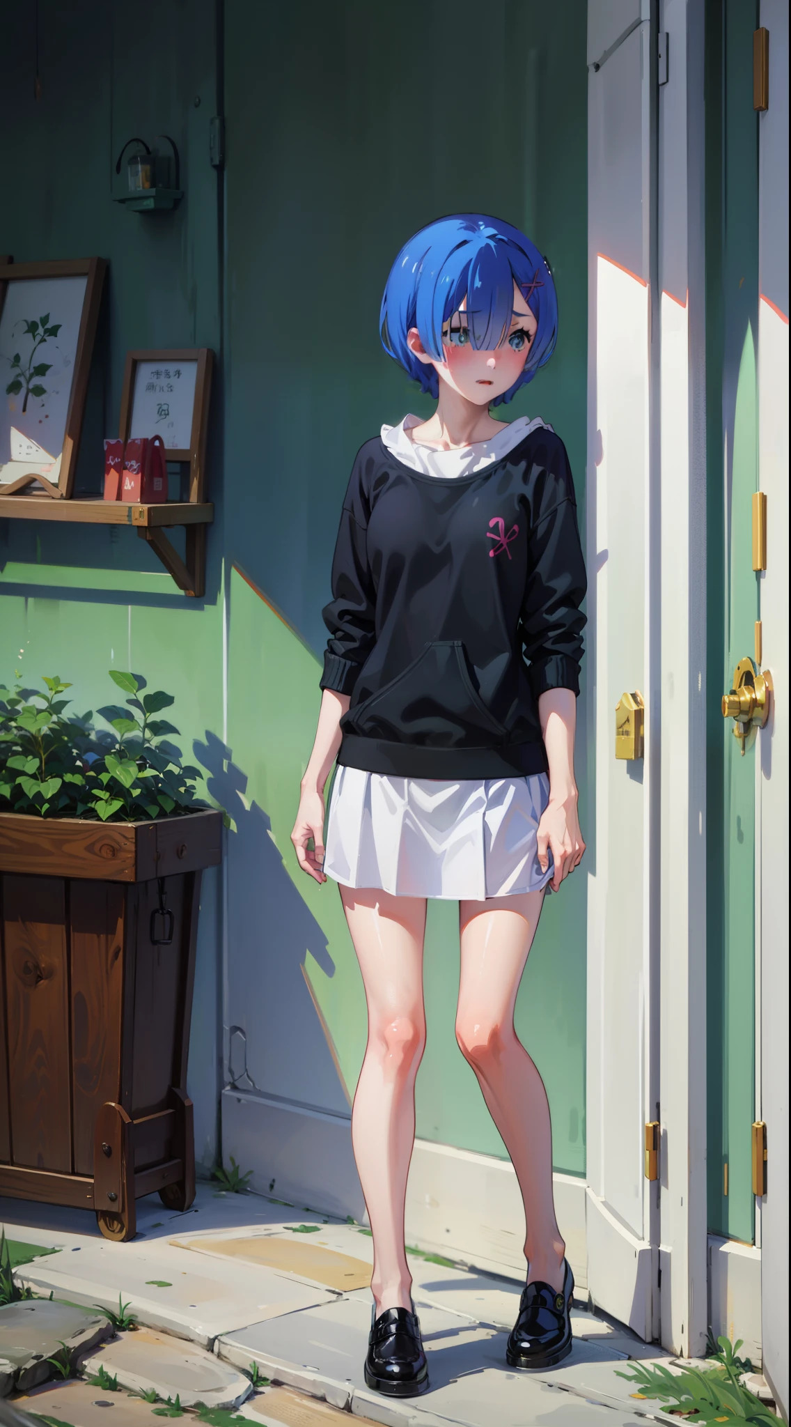 masturbation、 masturbates、masturbation、 skirt 、Cute casual clothes、 skirtの中に手を入れる、Acme Face、Random pose、short hair、Blue Hair、、hair over one eye、、nsfw、Highest quality、1 girl、Alone、、Sexy pose、Random pose、Blushing、garden