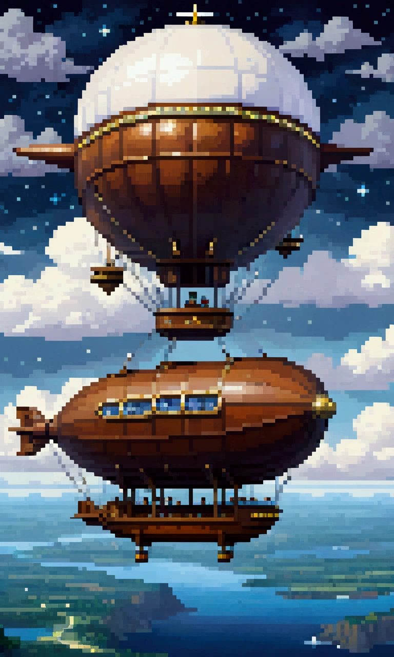 pixel art, 1 a white dirigible airship adventure , night, clouds, stars, surround sky
