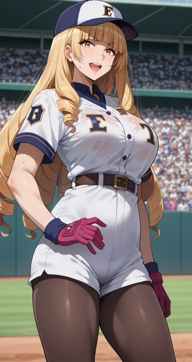 Tall female, fit girl, score_9, score_8_up, score_7_up, source_anime,
orianarose, oriana rose, long hair, blonde hair, yellow eyes, drill hair, bangs, blunt bangs, mature female, large breasts, thicc thighs, 
flash gyaru, 1girl, baseball_uniform, hat, sportswear, shorts, breasts, belt, baseball_cap, large_breasts, open_mouth, sweat, pantyhose, solo_focus, thighs, clothes_writing, smile