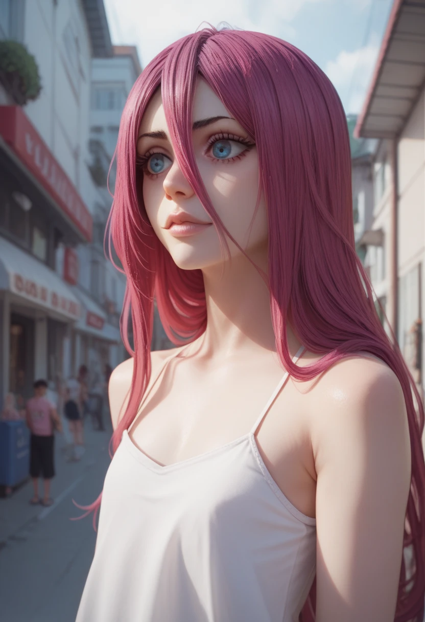 Sadako Yamamura (Bleach) with long magenta hair and large navy blue eyes. Loli flat chest with casual outfit.