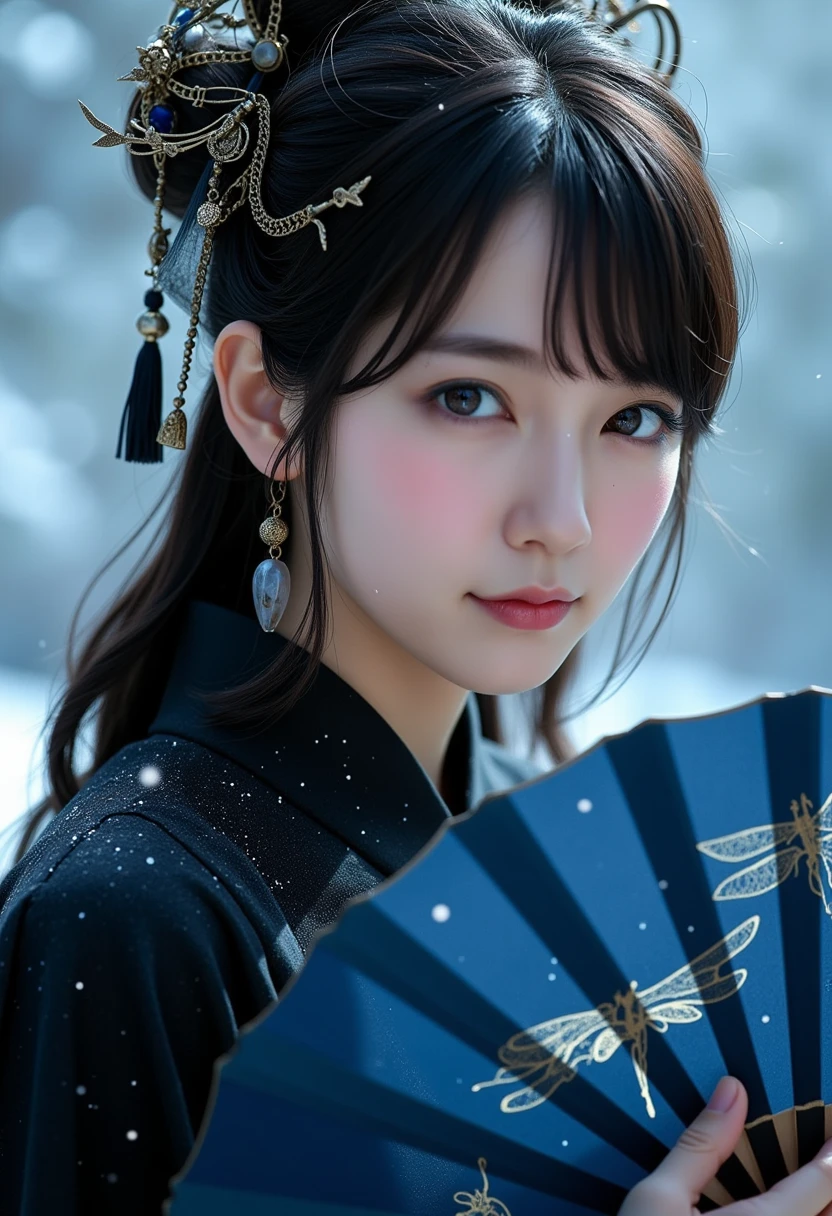  Elegant and mysterious East Asian woman ,  holding a dark blue fan with intricate dragonfly patterns ,  wearing a black costume with delicate ,  adorned with a dark ribbon and intricate hair accessories with hanging beads,  dark blue eyes looking softly at ,  long wavy black hair ,  dramatic and ethereal lighting ,  soft snow-like particles falling around ,  enchanting and tranquil atmosphere , fantasy-inspired setting , ultra-detailed textures,  bright accents , elegant pose,  photorealistic details and in the style of magical realism .