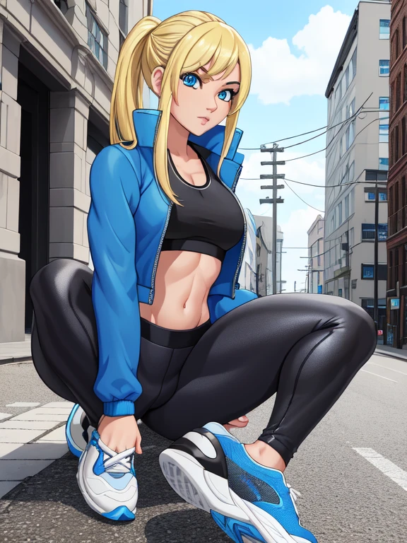 (masterpiece, 4k, high quality, super detailed eyes and face:1.2), 1girl, solo, Gen-Z, Zoomer, 25-year-old female, blue eyes, and blonde hair with blue hair streaks in it. She wears a blue jacket, gray crop-top, Lululemon-branded black leggings, and white sneakers.
