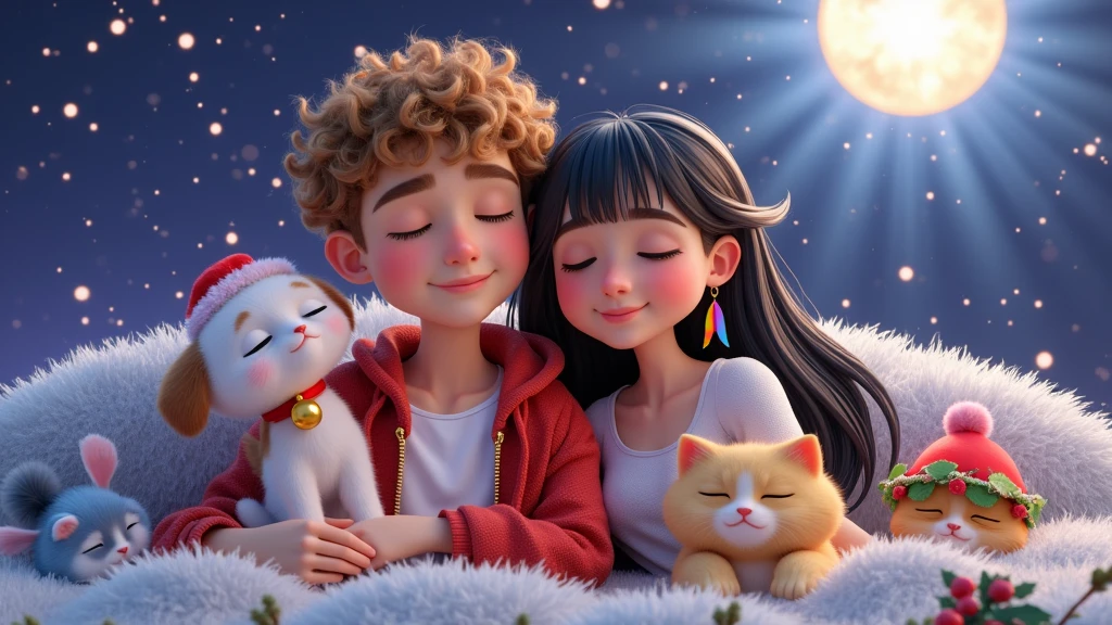 An exciting, high-resolution, high-quality 3D illustration inspired by Disney Pixar art featuring a beautiful  boy with curly, light brown hair cut short on the sides, sun-tanned skin, wearing a plain white t-shirt, wearing a red Christmas sweatshirt with an open zipper, he is surely sleeping with his eyes closed and lying on a beautiful, fluffy white rug next to a beautiful, sensual  girl with straight black hair down to her waist, wearing a colorful feather as an earring, wearing a red hat, a tight white t-shirt, highlighting her beautiful and desired body, sleeping with her eyes closed snuggled up to the boy. Along with the couple we have 4 puppies, a small, white Lhasa Apso puppy with caramel spots around its eyes and wearing a red collar with a Christmas bell, a blue kitten sleeping among garlands, a yellow kitten wearing a Santa hat and a female kitten. pink, who wears a Christmas wreath on her head, the background is a bright starry night where the intense brightness of a huge sparkling star stands out, on a breathtaking night. It is clear that all the characters sleep with their eyes closed with a slight smile of tranquility