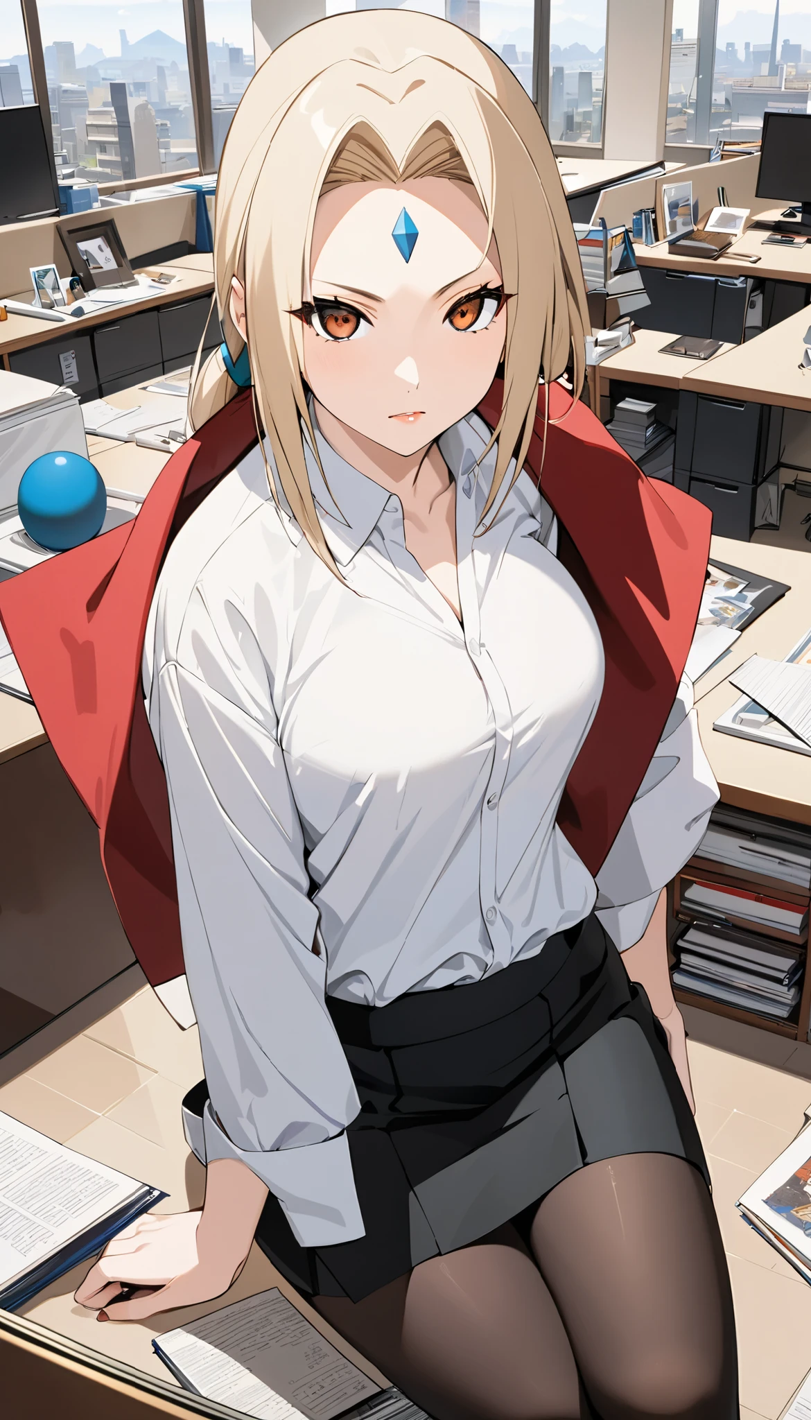 (( top quality )), (( masterpieces )), (Familiar with), perfect face , eyelash , (Tsunade), background, Office, Long hair, Egg-colored hair, brown eyes, A SMALL BLUE CUT PYRAMID SQUARE ON THE FOREHEAD, big chest , Wear a white shirt, Red Long Sleeve Outerwear, Black Short Skirt , Black long stockings