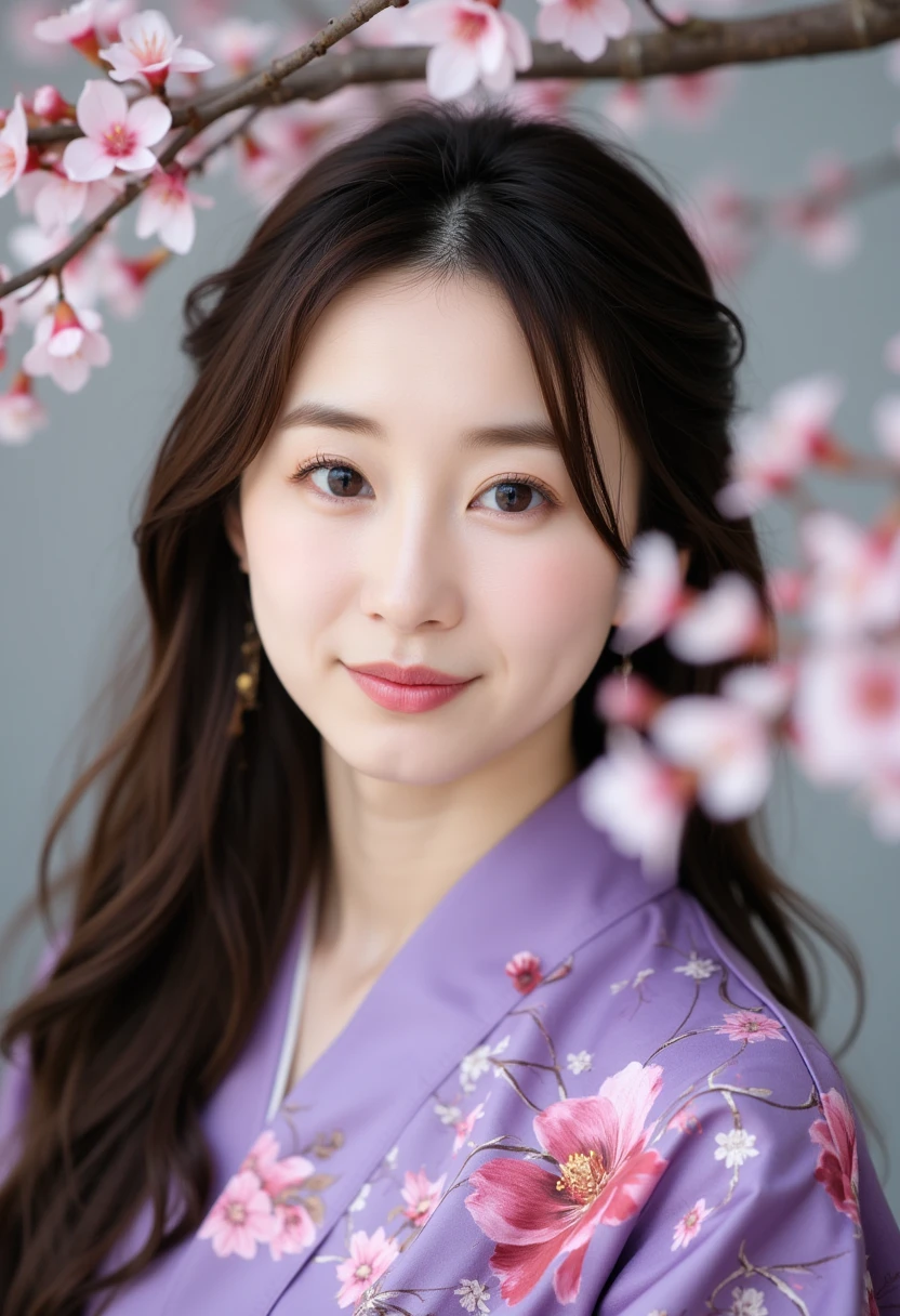  A close up portrait of a beautiful Asian woman with a traditional East Asian aesthetic.  She has delicate cherry blossoms falling before her face  , enhancing your natural beauty . His expression is calm and serene,  with lips slightly separated and deep ,  Expressive eyes .  Her facial expression is cheerful and soft . Her long dark hair flows naturally ,  with branches and cherry blossoms adorning her hair .  She is wearing a purple floral kimono with intricate patterns in pink , red, And dark tones . The background is smooth, blurred,  with additional cherry blossom branches creating a dreamy and ethereal atmosphere .  The color scheme includes soft pastel tones and neutral tones ,  giving the image a soft and romantic air . The lighting is soft and diffused,  emphasizing her facial features and floral details . 