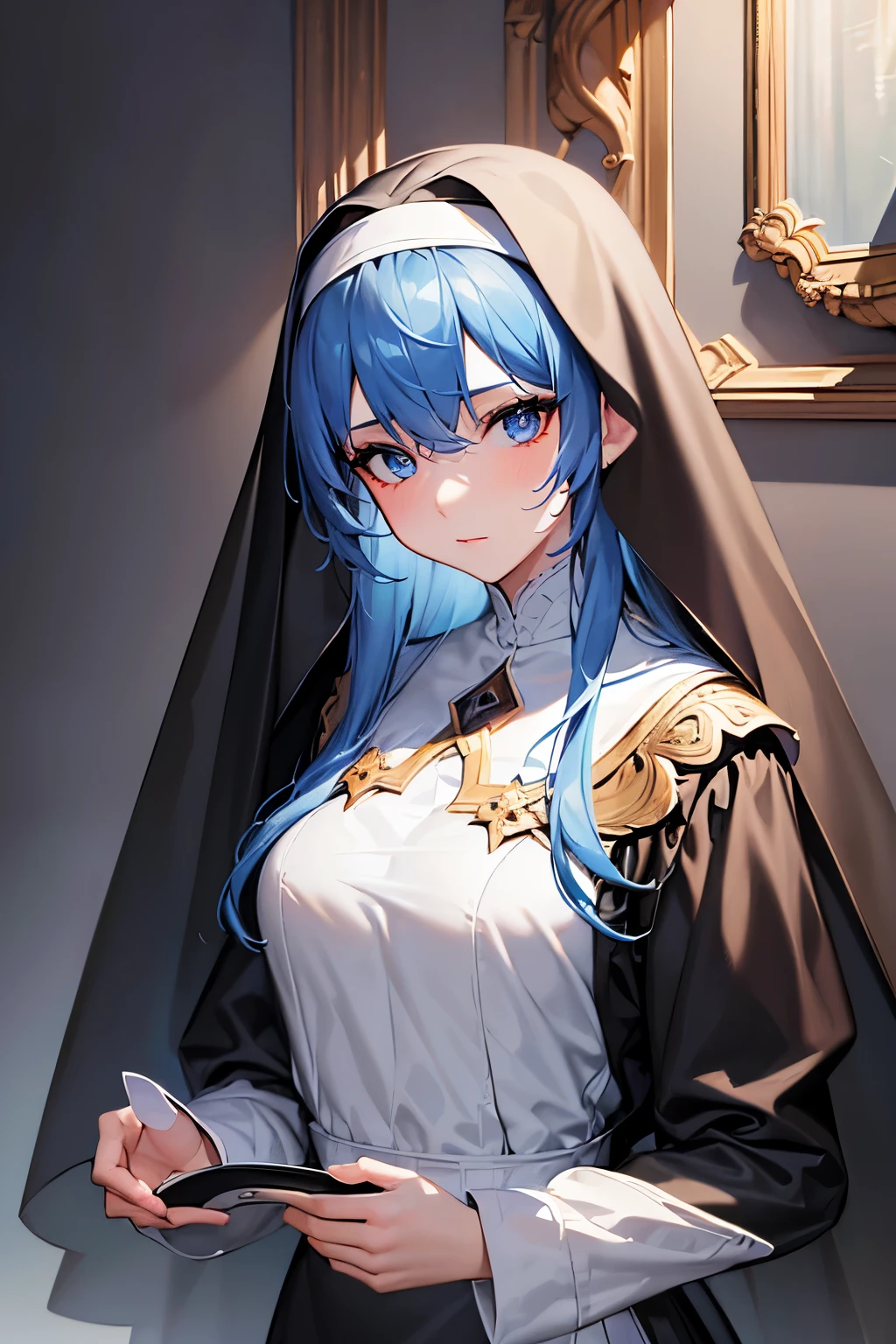 masterpiece, best quality, (extremely detailed CG unity 8k wallpaper), (best quality), (best illustration), (best shadow), absurdres, realistic lighting, High definition, Lady, solo, nun, loose outfit, prim, long veil, topaz blue eyes, perfect face, elegant, (topaz blue hair: 1.2), elegant pose, effect background, art by guweiz