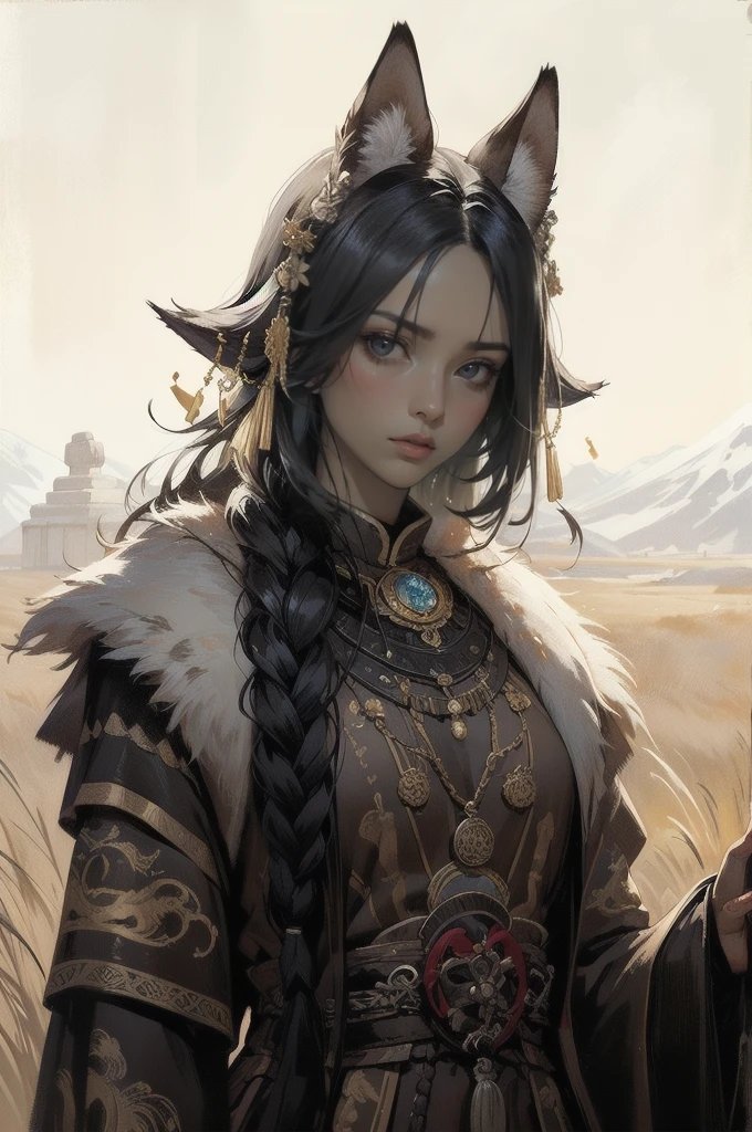 A woman,tanned dark skin,long black hair with a braided behind her back,black eyes,expressionless,mongolian, dark female Mongolian national costume 1200-1300,tall,strong,muscles anatomy(muscle),Mongolian costume with a long brown fur coat,cold,angular face,gray wolf ears on top of the head,dynamic pose.morning time,grassland.oil painting,painting in large arrays of colors,stable colors,good coordination,no color conflicts,warm light,anime artstyle.dark skin,brown skin,black skin,not white skin.look at viewer,half body