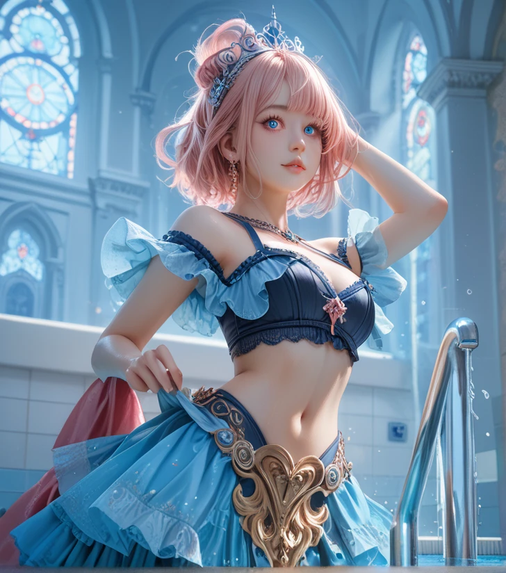 1 girl, short hair, pink hair, blue dress, ultra details, ultra high res, 8k,