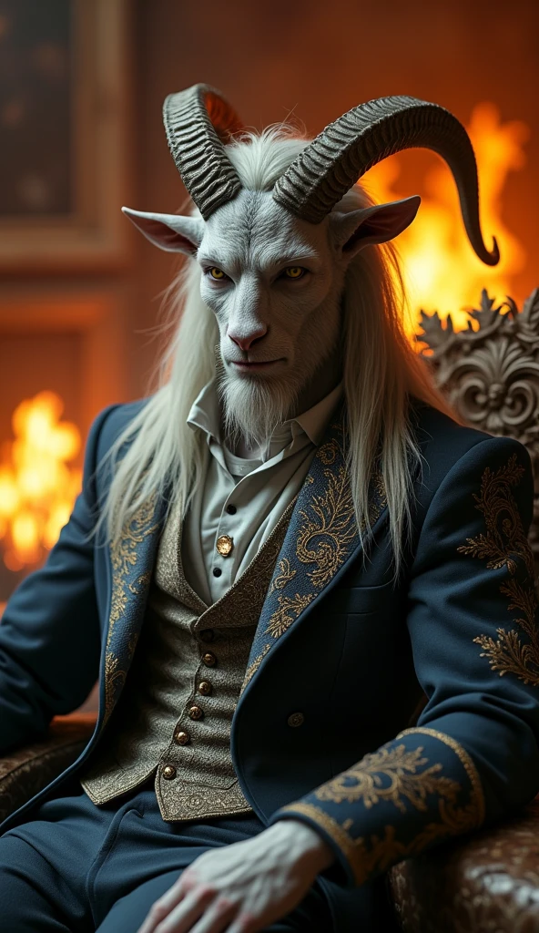 (photorealism:1.2),handsome male, gray skin, handsome human face, goat horns coming out of forehead, legs are goat like, digitigrade legs, fantasy suit, long straight hair, indoors, bonfire in background, relaxed pose, realistic, intricate details, warm colors, full body

