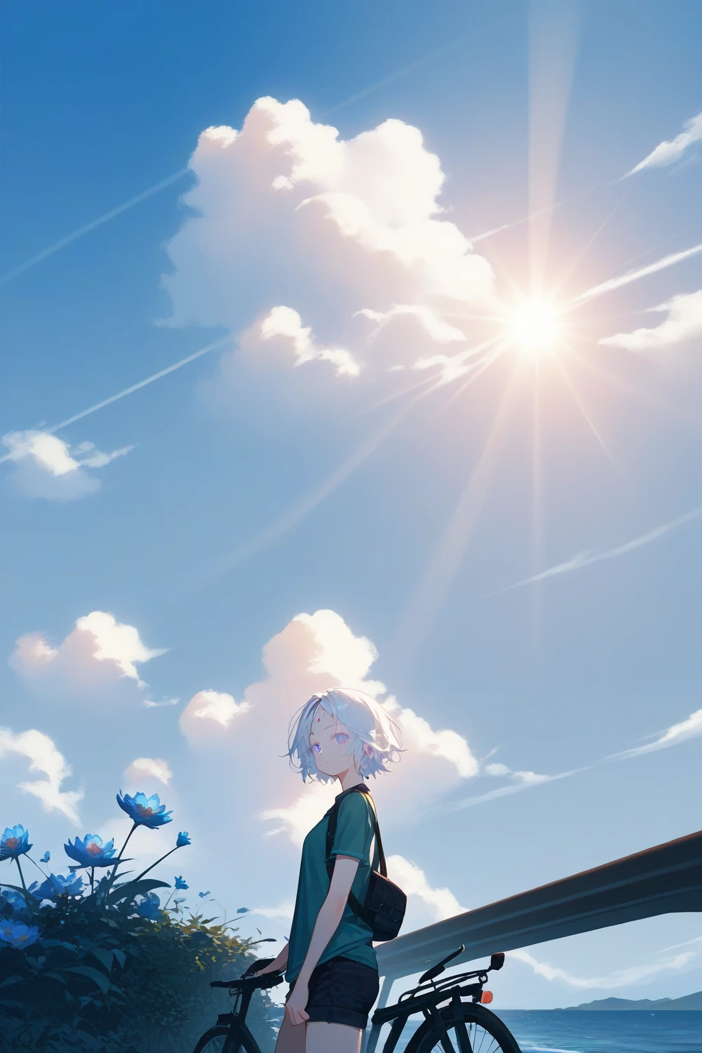  score_9, score_8_up, score_7_up, source_anime, Clouds，rays of sunshine，suns，beam of light，Dingdall effect，llight rays，shadowing，Light blue flowers，Look from afar，River side，river water，Sky blue color scheme 1.6
,  and an off-road bike . 

, 1girl, short hair, white hair, colored eyelashes, blue eyes, heterochromia, pink eyes, forehead mark, wearing a green long sleeve sports shirt,

damaged jeans shorts ,

