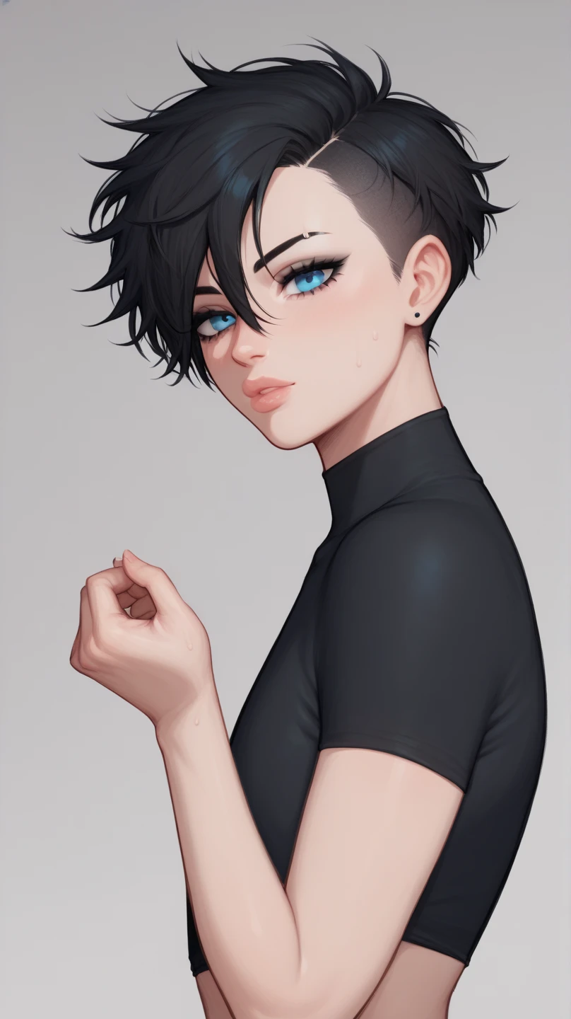 1 thin girl,  black cabello,  blue eyes ,  messy short hair,  flat chest , 