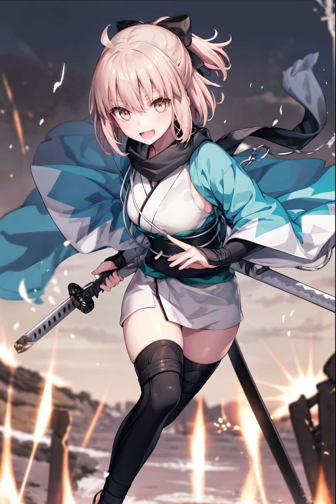 meticulous details, good composition, , cute face, perfect face, perfect hands, 1girl,okita souji \(FGO\), okita souji \(fate\), pale_pink_hair,ponytail,black_bow,sleeveless_white_short_kimono,
 smile,happy,gold_half_eyes, thigh-highs, straw_sandals,medium_breasts, midriff , (right_leg_forward:0.7) ,town_background,black_long_scarf,knees, bragging_face, black_cloth_gauntlet,apart_legs,open_mouth,open_legs,rise_arms, bare_elbows