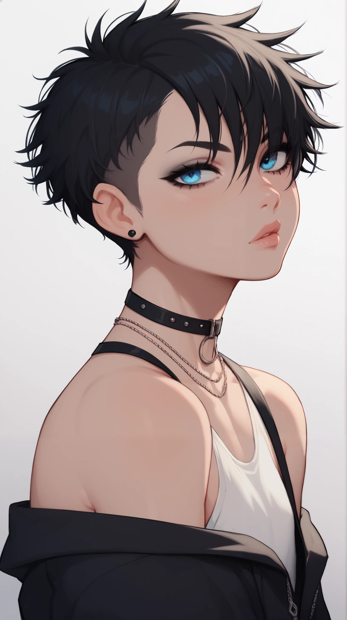 1 thin girl,  black cabello,  blue eyes ,  messy short hair,  flat chest , 