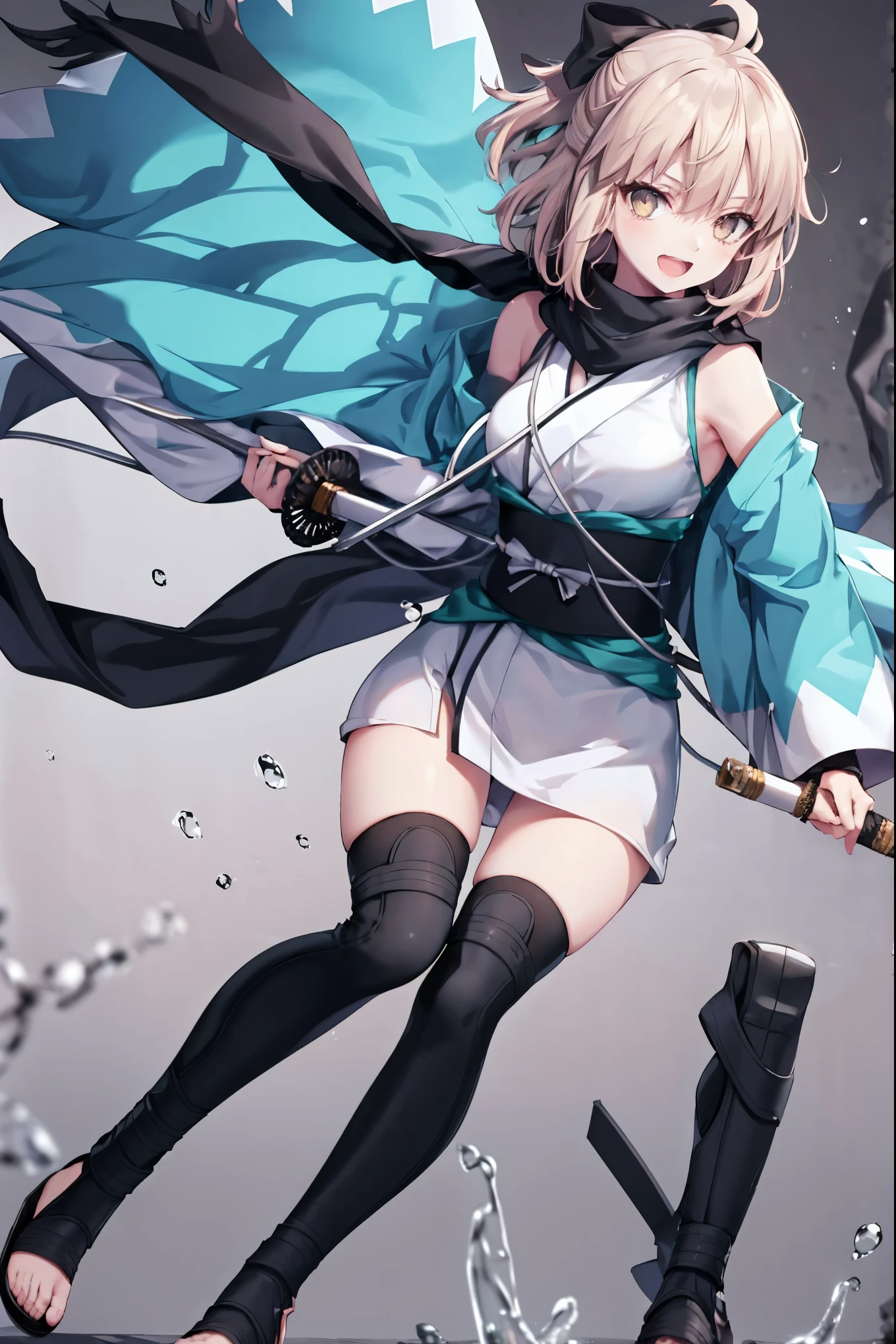 meticulous details, good composition, , cute face, perfect face, perfect hands, 1girl,okita souji \(FGO\), okita souji \(fate\), pale_pink_hair,ponytail,black_bow,sleeveless_white_short_kimono,
 smile,happy,gold_half_eyes, thigh-highs, straw_sandals,medium_breasts, midriff , (right_leg_forward:0.7) ,town_background,black_long_scarf,knees, bragging_face, black_cloth_gauntlet,apart_legs,open_mouth,open_legs,rise_arms, bare_elbows