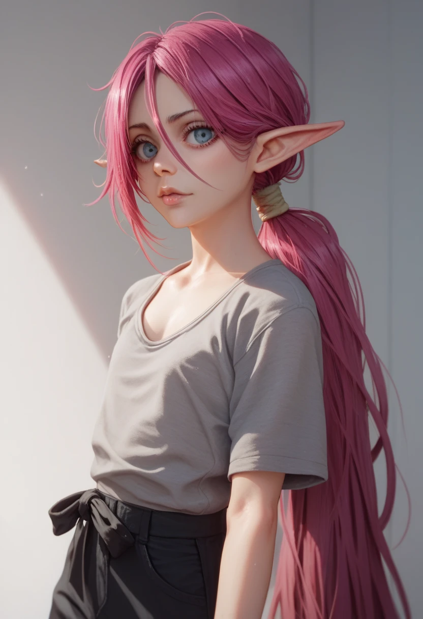 Sadako Yamamura (Bleach) with long magenta hair, elf ears and large navy blue eyes. Loli flat chest with casual outfit. Grey top and black pants. Very long hair tied in a loose lower ponytail.