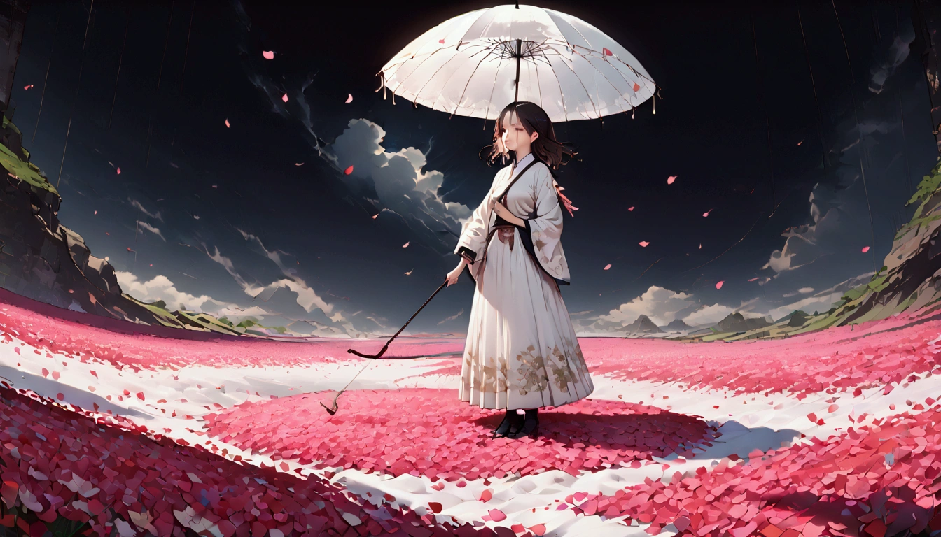 
1girl\(holding umbrella\(transparent,(so many petals decorate umbrella 3d:1.3)\)\), (mass amount of petals in the air:1.5). petals cover ground. minimalism, simplism. BREAK .quality\(8k,wallpaper of extremely detailed CG unit, high resolution, top-quality, top-quality real texture skin, hyper realistic, increase the resolution, RAW photos, best quality, highly detailed, the wallpaper, golden ratio, high saturation realism, vibrant colors, dramatic lighting, persuasive storytelling, atmospheric scenery, captivating visuals, intricate details, strong emotions, dreamlike world\),