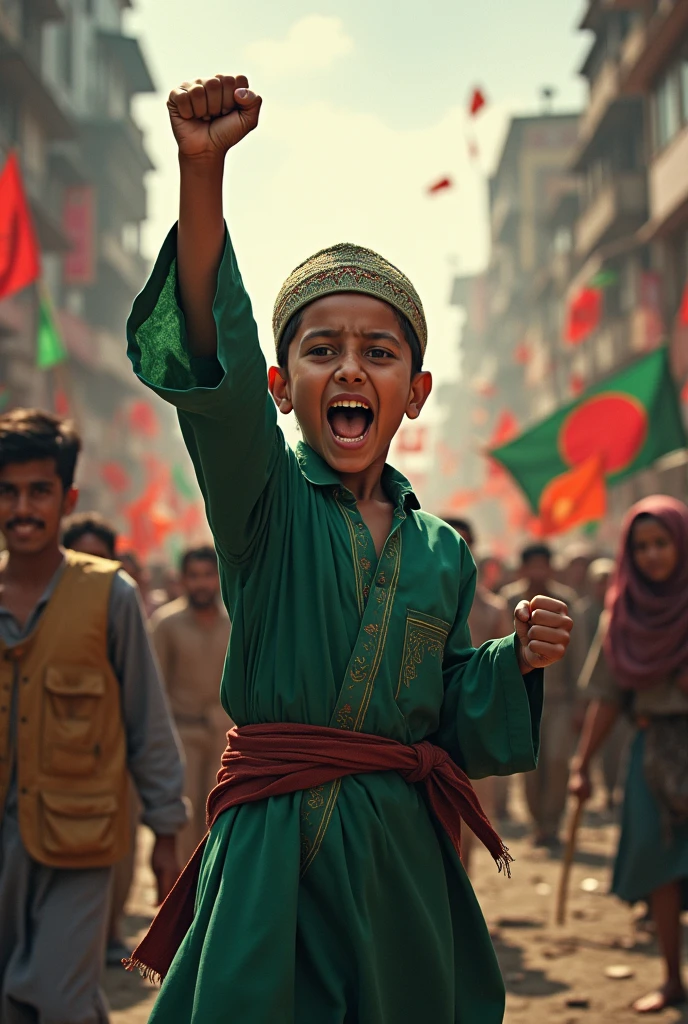 A bangladeshi boy whos hands hold bangladeshi flag.
And her mom is crying for her son
