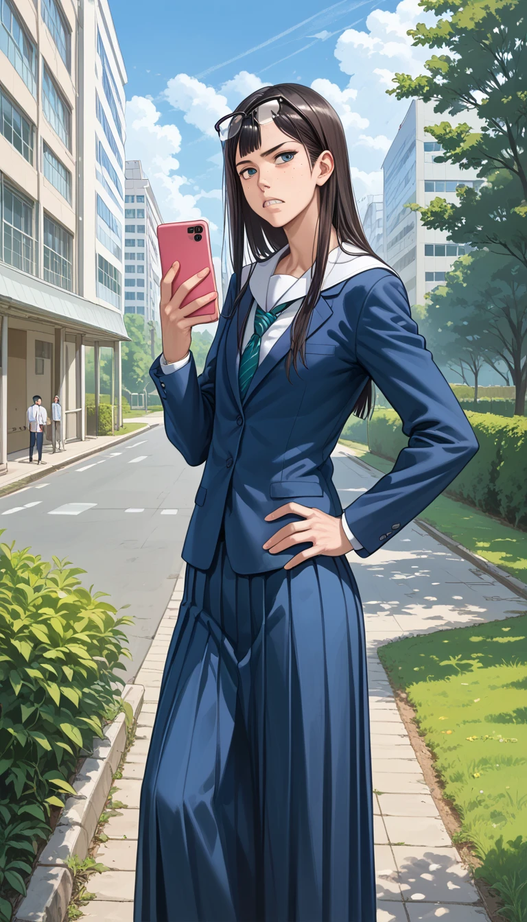 score_9, score_8, score_7, source_anime, masterpiece, best quality, amazing quality, intricate details, extremely detailed, official art,
solo, 1girl, kanamori, frown, teeth out,
a tall female, slender, high school student, freckles, eyewear on head, serafuku, school uniform, long skirt,
standing with spread legs apart, a smart-phone in hand, another hand on hips, BREAK,
outdoors, high school, complex buildings, backyard, 