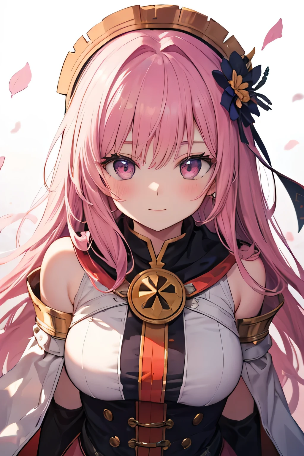 Girl smiling ( showing teeth), standing, pink hair color, combat pose, mmorpg background , mmorpg background (A stranger), complete anatomy, graphic effects , ornament of an accessory shaped like a flower on her head, aura, Monk black and white uniform( ragnarok online ), white hood( ragnarok online ), height 159 cm ( 5 feet 3 inches ), hard fists , caste summoning circle ability Guillotine Fist((kanji)( ragnarok online ), Blue Fire Force +vapor, fire around, strong breeze , black and white cat mascot , sakura petals and leaves , primera persona, blush, Looking at the spectator, Charm, Pausa de toque ciego Looking at the spectator, anime style very detailed face, 8K, light and shadow effect.