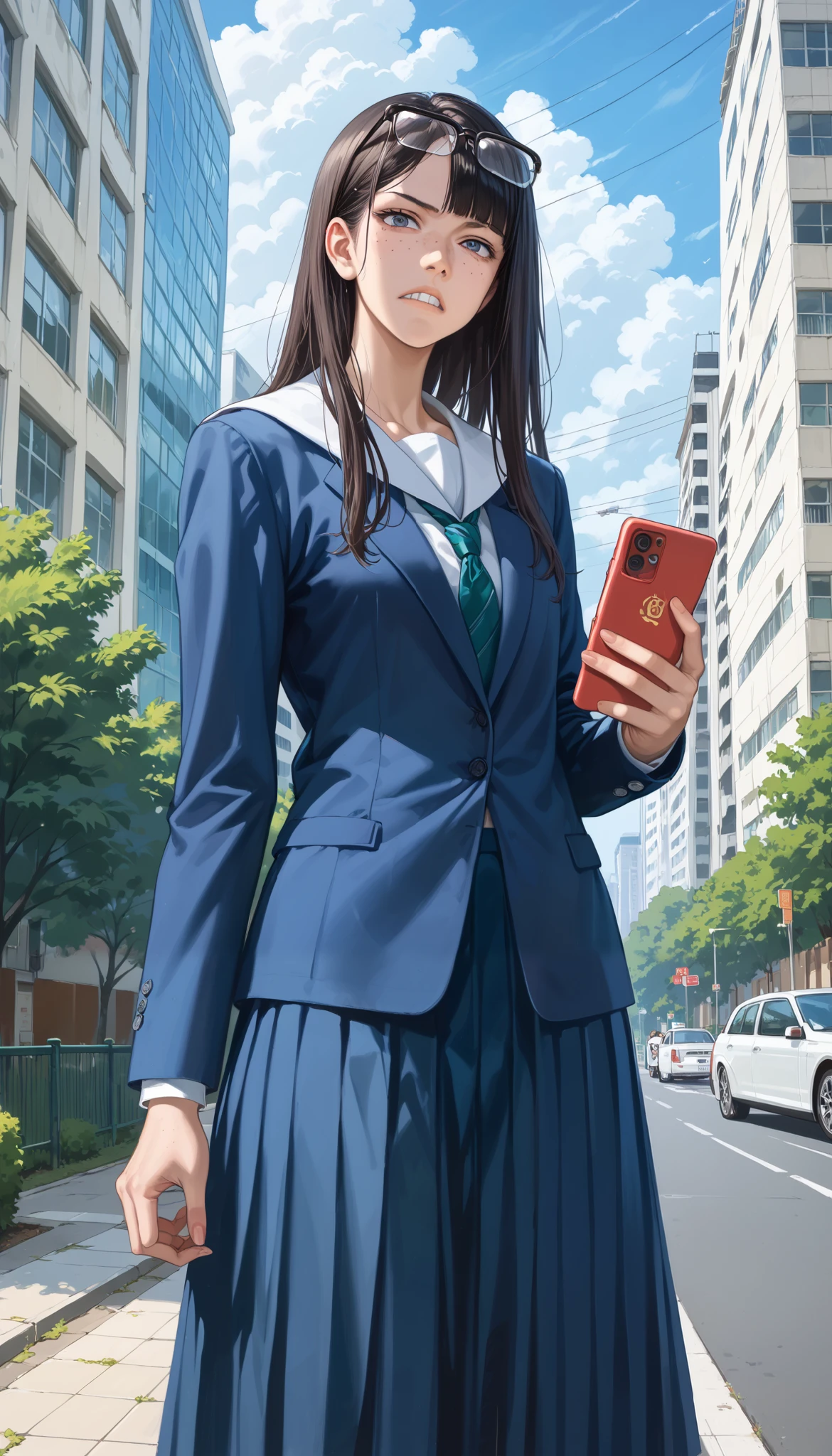 score_9, score_8, score_7, source_anime, masterpiece, best quality, amazing quality, intricate details, extremely detailed, official art,
solo, 1girl, kanamori, frown, teeth out,
a tall female, slender, high school student, freckles, eyewear on head, serafuku, school uniform, long skirt,
standing with spread legs apart, a smart-phone in hand, BREAK,
outdoors, high school, complex buildings, backyard, 