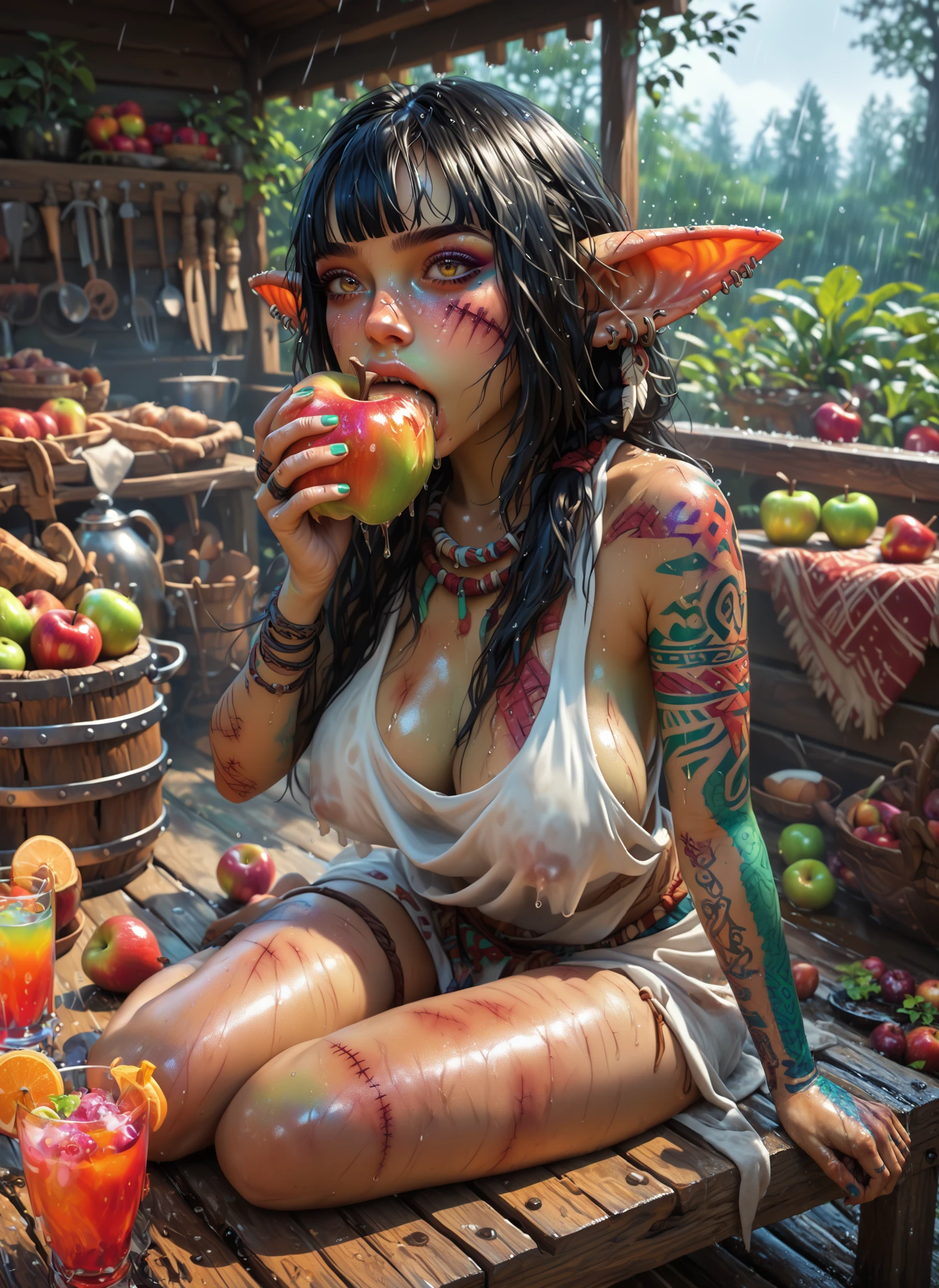 Close up, GobGirl green skins, short, long ears, large ears, colored skin, monster_girl, 1girl, pointy ears, goblin, shortstack, long pointy ears, earring, a hyper-realistic and ultra-detailed photo of a beautiful girl, ultra-realistic, inside sitting in a log cabin wooden table, rustic kitchen, eating an apple, biting, ((body wounded deep cuts scratched:1.4)), perfect big breasts, small nipple, perfect eyes, ((curvy body)), (shiny skin colorful), long bangs, th3rm4l, colorful, thermal, ((wet loose black hair)), ((very huge tribal tattooed body:1.2)), ((breasts tattooed with tribal:1.3)), ((freckles:1.2)) ((hunched forward)), raining, ((running water over the body)),