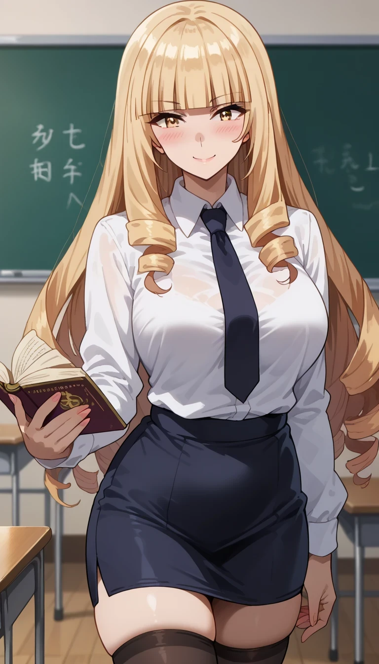 Tall female, fit girl, score_9, score_8_up, score_7_up, source_anime,
orianarose, oriana rose, long hair, blonde hair, yellow eyes, drill hair, bangs, blunt bangs, mature female, large breasts, thicc thighs, 
flash gyaru, sensual female teacher, 1girl, solo, skirt, necktie, shirt, Classroom room backgrounds, long_hair, pencil_skirt, white_shirt, simple_background, thighhighs, black_skirt, long_sleeves, holding, black_necktie, collared_shirt, book, miniskirt, looking_at_viewer, holding_book, laptop, black_thighhighs, closed_mouth, standing, smile, blush, 