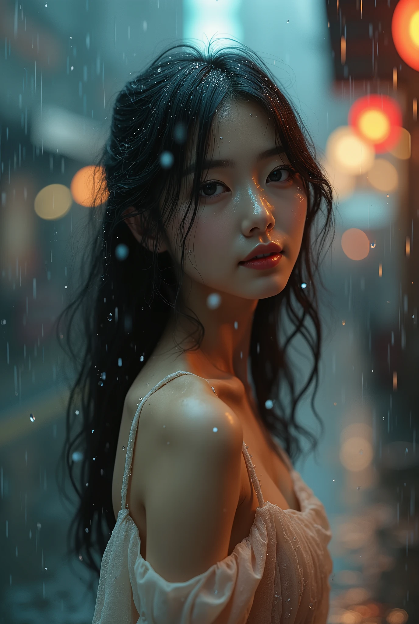 (highest quality、Super detailed、realistic、(((full body portrait)))、photorealistic:1.37)、(correct anatomy:1.4)、A young and beautiful woman is in front of the camera、18-year-old、Shabby kimono、Stunned expression、Feeling of weakness、feeling of hopelessness、eyes without light、 ( that'It's raining very heavily:1.5)、Create Rain with Motion Flow Effect、My hair is very wet、My whole body got wet、Wet、whets the appetite、fine and beautiful eyes、beautiful detailed lips、long eyelashes、curly hair、smooth skin、fit the body、sparkling eyes、shining lips、sensual curves、soft lighting、romantic atmosphere、subtle shadow、intense colors、enchantingly illuminated、high contrast、intimate atmosphere、Wetness、characteristic shine、Wet skin、flowing movement、(orgasmic release:1.4)、Drip crotch、uncontrollable joy、 Intense feeling、The moment of fascination, her panties are wet with bodily fluids、 The highest quality、