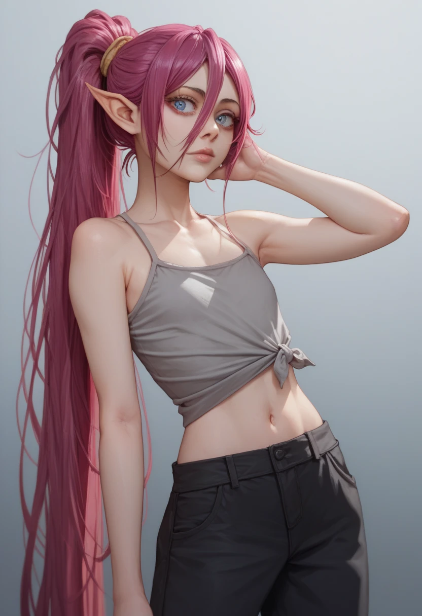 Sadako Yamamura (Bleach) with long magenta hair, pointy ears and large dark navy blue eyes. Loli flat chest with casual outfit. Grey top and black pants. Very long hair tied in a loose lower ponytail.