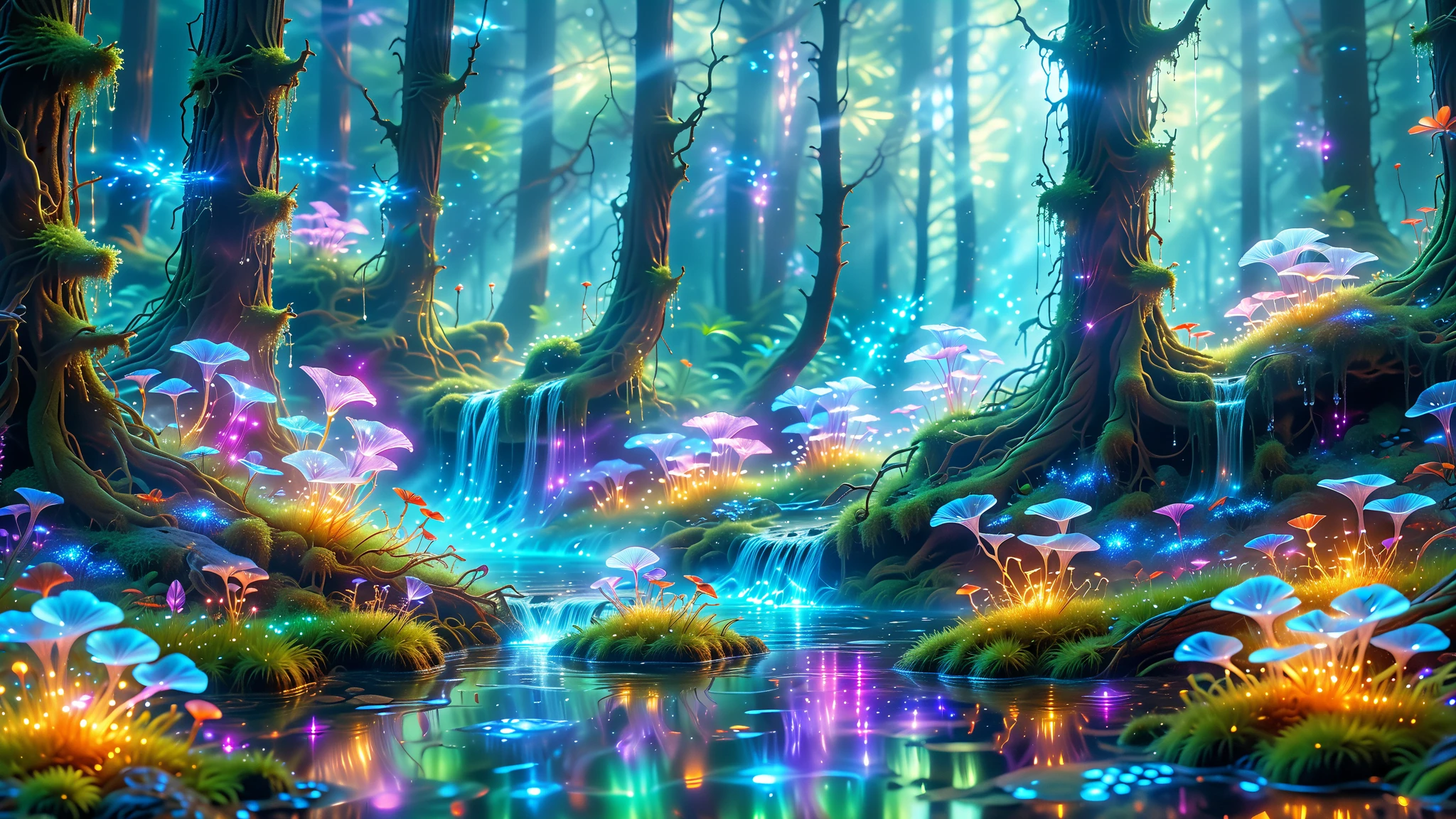 ﻿A Masterpiece In 32K Resolution, Supreme Quality, Super Detail, Official Art, Very High-Resolution 32K Wallpaper, Beautiful And Aesthetic, Ultra-Detailed Features, Awe-Inspiring Detail. A Vast, Glowing Futuristic Forest Featuring Towering Bioluminescent Trees With Translucent Leaves That Radiate Soft Neon Blues And Purples. The Forest Floor Is Carpeted With Luminescent Moss And Tiny, Vibrant Glowing Mushrooms. Holographic Butterflies Flutter Around, Casting Light Trails Behind Them. The Scene Includes Floating Light Particles That Gently Illuminate The Mist-Filled Air, Adding Depth And Mystery. A Stream Of Crystal-Clear Water Runs Through The Forest, Reflecting The Glow Of The Surrounding Vegetation.