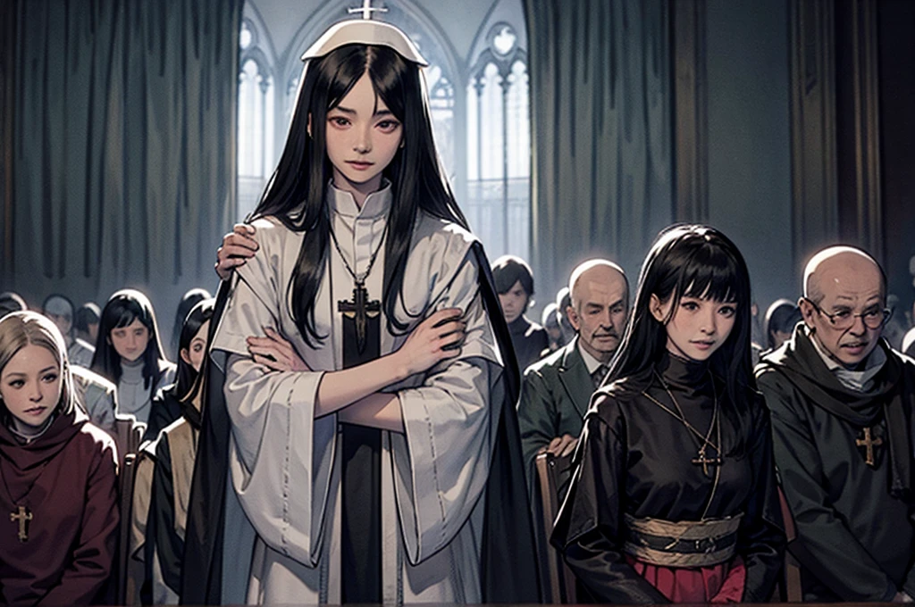 1 , Alone, exorcist,priest clothes that cover the shoulders, black hair,  long hair ,  red eyes, 