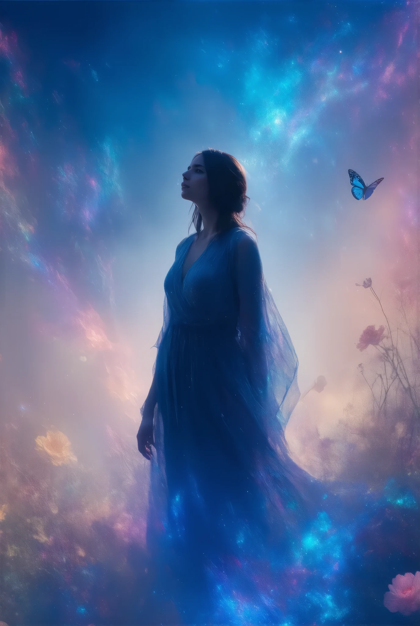 top-quality, masutepiece, 1 woman, (Lonely time Traveler:1.5), (abstract art:1.4), (Psychedelia Theme:1.6), (Gunjo World:1.5), (Snow World:1.5), (Winter World:1.5), (At the center of the world is the most beautiful woman in the world), (beautiful and big bouncing firm ample breasts, deep cleavage:1.5) and a huge waist, (many stars are falling:1.3), A ray of light spreads, Crystals spreading from the center, prisma, (Nostalgic landscapes:1.5), (colorful flower:1.3), Garden Girl,gentle sunlight,Soft breeze, Delicate flowers, A rainbow-colored butterfly flaps its wings, Mesmerizing natural beauty, Fragments of Shining Stars, ice crystal,