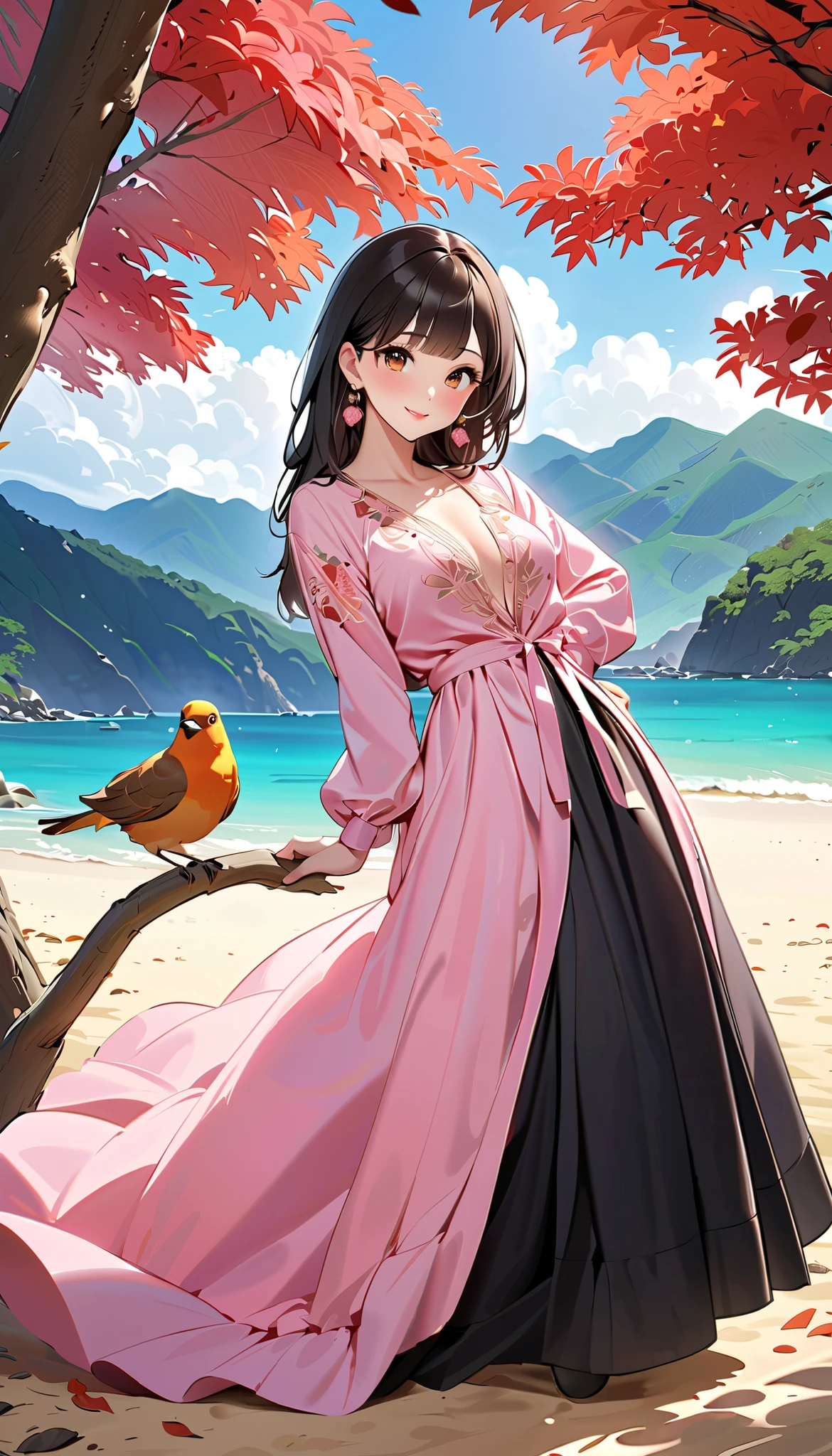   ( top quality,  high image quality,  high definition , 8k),  long-sleeved blouse ,  long skirt , Beautiful single woman,  Brown-black hair,  beautiful brown eyes,  pink lips, The cutest face,  Anatomically Beautiful Body , Mid-chest,  earrings for a woman alone,  looking here,  sandy beach,  posing, smile, (Large Tree, bird, mountain, cloud, autumn leaves),  backgrounds, 