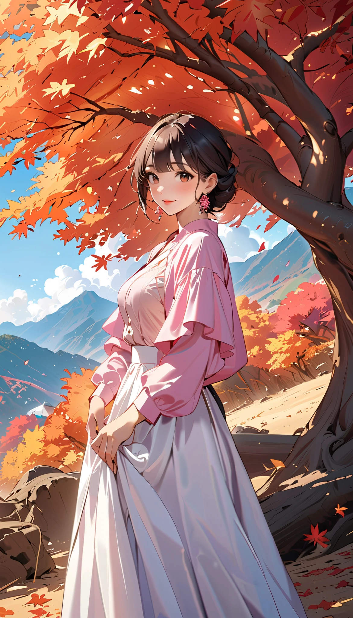   ( top quality,  high image quality,  high definition , 8k),  long-sleeved blouse ,  long skirt , Beautiful single woman,  Brown-black hair,  beautiful brown eyes,  pink lips, The cutest face,  Anatomically Beautiful Body , Mid-chest,  earrings for a woman alone,  looking here,  sandy beach,  posing, smile, (Large Tree, bird, mountain, cloud, autumn leaves),  backgrounds, 