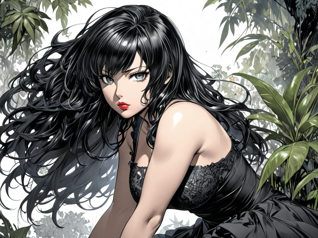 Ashley Alexiss dressed in black clothes,, , anime ::Jason Fabok e estilo Yoji Shinkawa ::2.0 comix illustration style,full lips  ,  comic book style  ,  beautiful woman with ultra detailed long hair, (beautiful and clear background:1.2), , fantastic paintings , graphite style;jungle, flower, highly detailed eyes ,  a t-shirt or dress with a white blouse underneath, position, a bracelet,  with long black hair , , pysics moving
