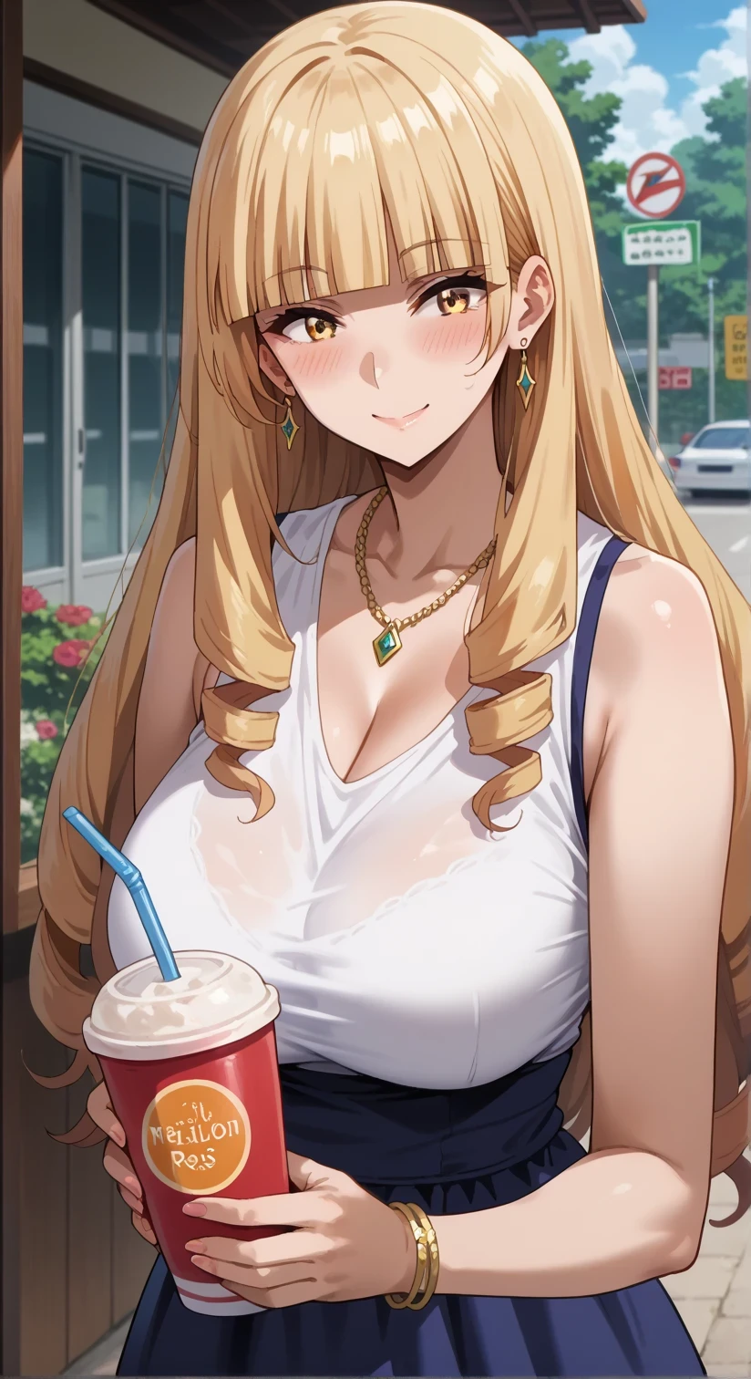 Tall female, fit girl, score_9, score_8_up, score_7_up, source_anime,
orianarose, oriana rose, long hair, blonde hair, yellow eyes, drill hair, bangs, blunt bangs, mature female, huge breasts, 
flash gyaru, 1girl, dress, jewelry, solo, earrings, cup, sign, blue_dress, necklace, tree, holding, drinking_straw, outdoors, standing, holding_cup, day, sleeveless, window, smile, blush 