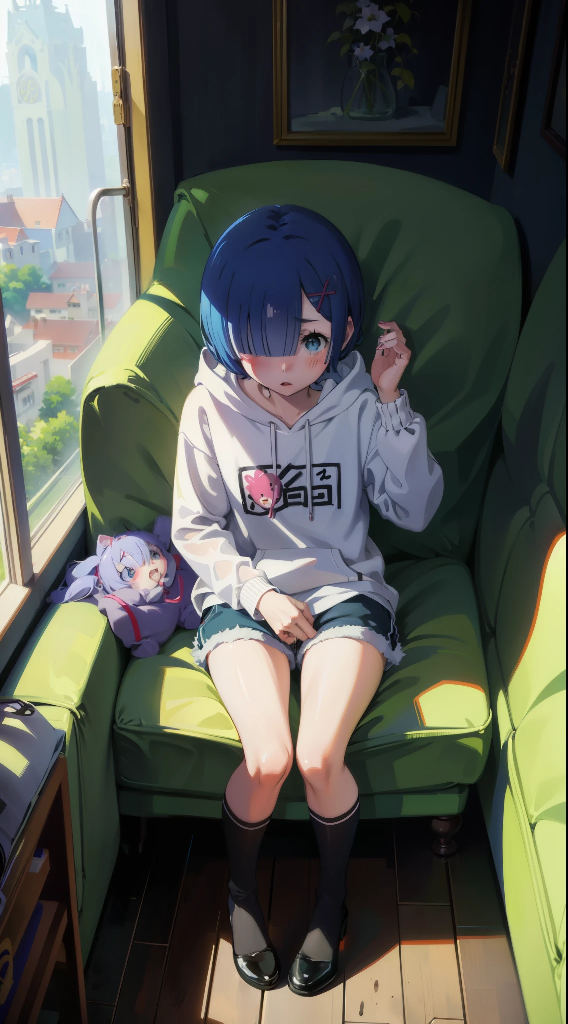 Sitting cross-legged、Sitting cross-legged、 shorts、 wearing a hoodie、masturbation, pussy, pussy juice、 pussy、masturbation、, pussy、 masturbates、masturbation、 、Cute casual clothes、、Acme Face、Random pose、short hair、Blue Hair、、hair over one eye、、nsfw、Highest quality、1 girl、Alone、、Sexy pose、Random pose、Blushing、wet、Sofa bed、room、masturbation, pussy、デニムの shorts、masturbation、 masturbates、masturbation、 、Cute casual clothes、