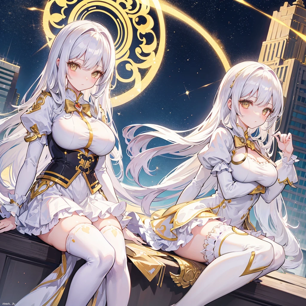 light skin color, white hair color long hair, Bigchest, 1:70, sexy for,Nero,White wings, angelicales, Overhead halo, yellow-eyed, sexy for姿势, angelicales们, 26 year old, angelicales印记, enchanted,hyper HD, White hair, eBlue eyes, Mother and daughter.Squat down and open your legs
