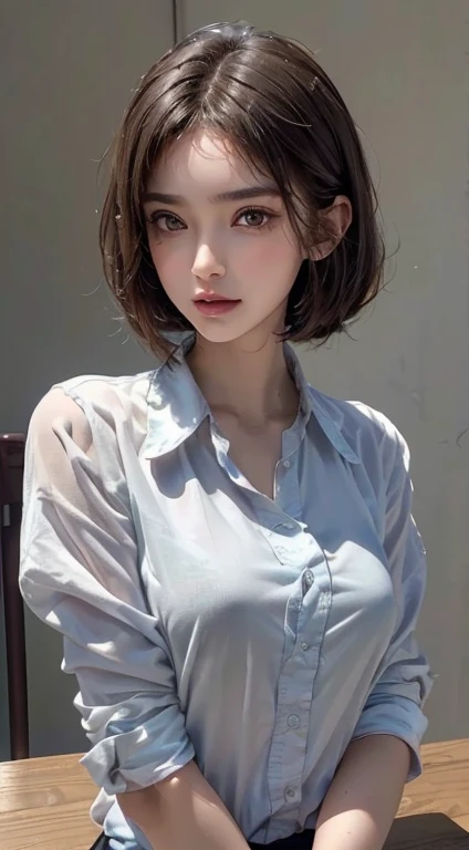 (((White collared shirt))), (((modern black trouse pants))), ((ideal body)), ((hazel eyes)), ((black hair)), ((medium short hair)), ((bright skin)), (((ultra-detailed))), ((illustration)), ((beautiful detailed eyes)), beautiful, amazing, detailed eyes, expressive eyes, solo, 1girl, 1 person, (((masterpiece))), (((realistic:1))), (((best quality))), (((first person view))), ((mafia pose)), ((professional studio lightning)), ((staring to viewer)), (smirk), (((close up portrait))), ((city skyline in the night background)).