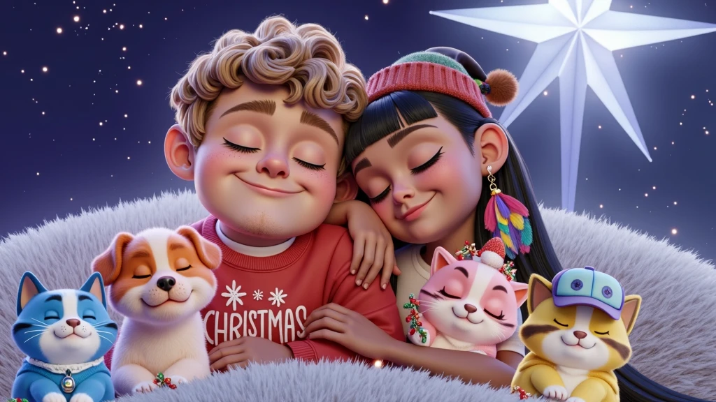 An exciting, high-resolution, high-quality 3D illustration inspired by Disney Pixar art, featuring a beautiful  boy with curly light brown hair cut short on the sides, sun-tanned skin, wearing a plain white t-shirt, and an open red sweatshirt, without prints, he is surely sleeping with his eyes closed, a slight smile and lying next to a beautiful and sensual  girl with black hair, straight to the waist, wearing a colorful feather as an earring, wearing a red beanie, a tight white t-shirt, highlighting her beautiful and desired body, with a small but hard and pot-shaped bust, she is bold, naughty, and her hands are inside the boy's pants under the white blanket, sleeping with her eyes closed snuggled up to the boy. Along with the couple, we have 4 puppies, a small white Lhasa Apso puppy with caramel spots around its eyes and wearing a red collar with a Christmas bell, a blue kitten sleeping among garlands, a yellow kitten wearing a Santa hat and a pink kitten, who wears a Christmas garland on her head, the background is a bright starry night where the intense brightness of a huge twinkling star stands out, on a breathtaking night. Of course, all the characters sleep with their eyes closed with a slight smile of tranquility.