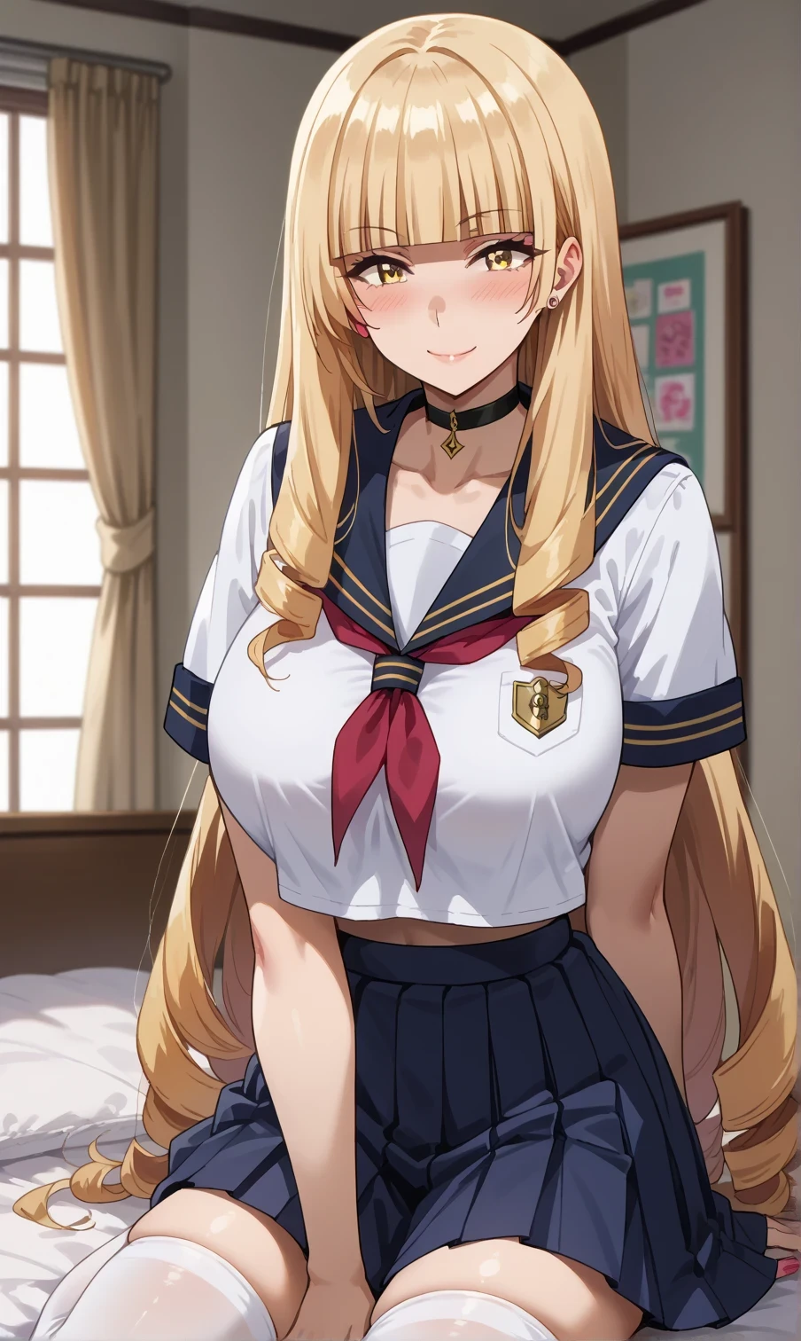 Tall female, fit girl, score_9, score_8_up, score_7_up, source_anime,
orianarose, oriana rose, long hair, blonde hair, yellow eyes, drill hair, bangs, blunt bangs, mature female, huge breasts, 
flash gyaru, solo, choker, 1girl, solo, skirt, thighhighs, bed room backgrounds, school_uniform, long_hair, simple_background, serafuku, pleated_skirt, skirt_lift, sailor_collar, crop_top, clothes_lift, shirt, midriff, kneeling, black_skirt, nail_polish, white_shirt, fingernails, breasts, short_sleeves, neckerchief, sitting, smile, blush, embrassed