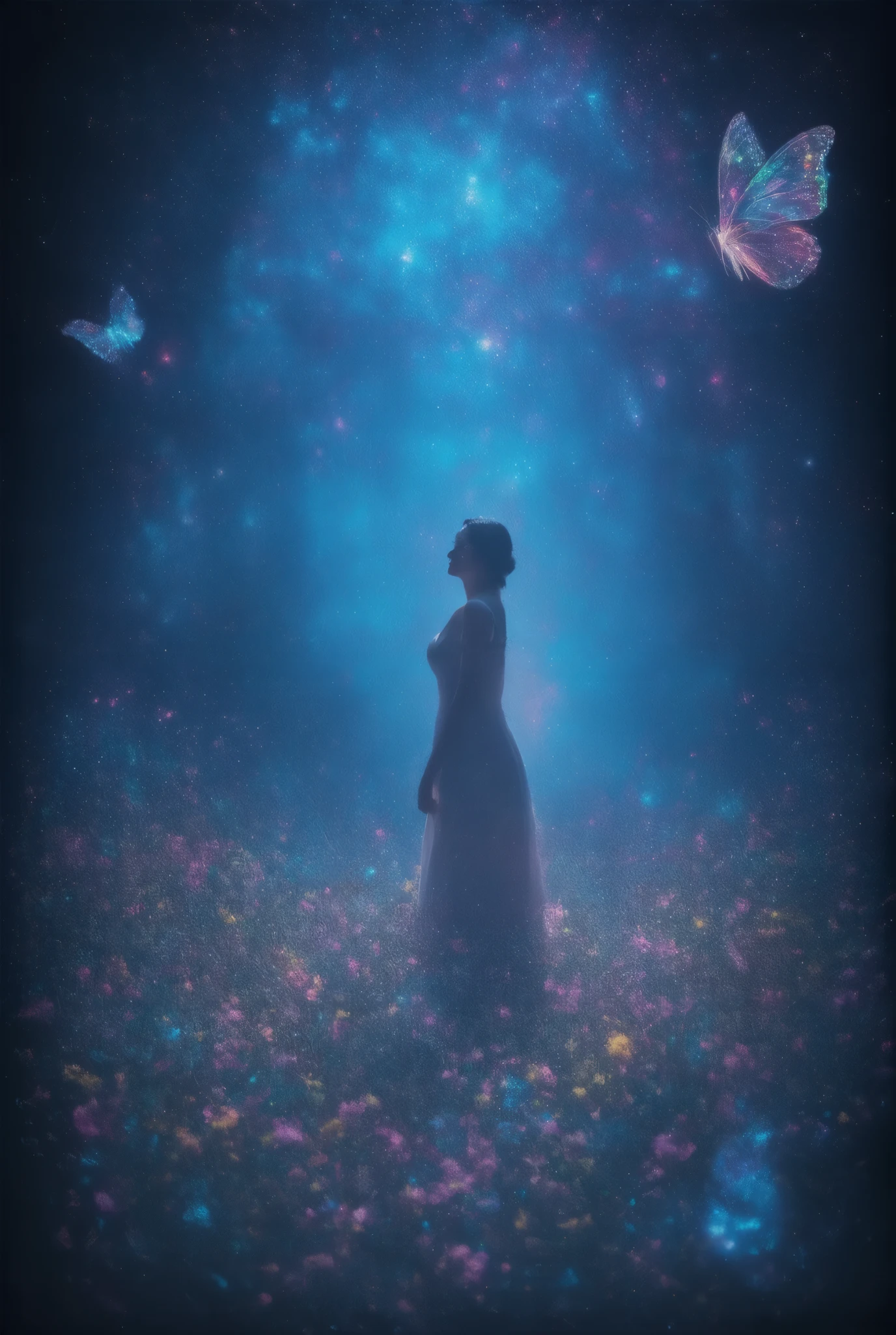 top-quality, masutepiece, 1 woman, (Lonely time Traveler:1.5), (abstract art:1.4), (Psychedelia Theme:1.6), (Gunjo World:1.5), (Snow World:1.5), (Winter World:1.5), (At the center of the world is the most beautiful woman in the world), (beautiful and big bouncing firm ample breasts, deep cleavage:1.5) and a huge waist, (many stars are falling:1.3), A ray of light spreads, Crystals spreading from the center, prisma, (Nostalgic landscapes:1.5), (colorful flower:1.3), Garden Girl,gentle sunlight,Soft breeze, Delicate flowers, A rainbow-colored butterfly flaps its wings, Mesmerizing natural beauty, Fragments of Shining Stars, ice crystal,
