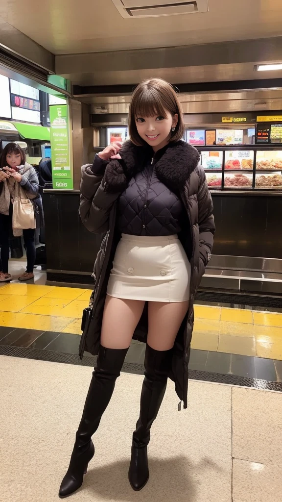  oversized down jacket、 Pencil Skirt 、 thigh-high boots、1 23 year old girl、 short bob hair、Medium breast、 slender body 、 is shy、 subway station concourse 、Standing in front of the store 、 greatest masterpiece:1.3、Raw photo quality、 top quality、 super detailed depiction ability:1.3、 detailed background、