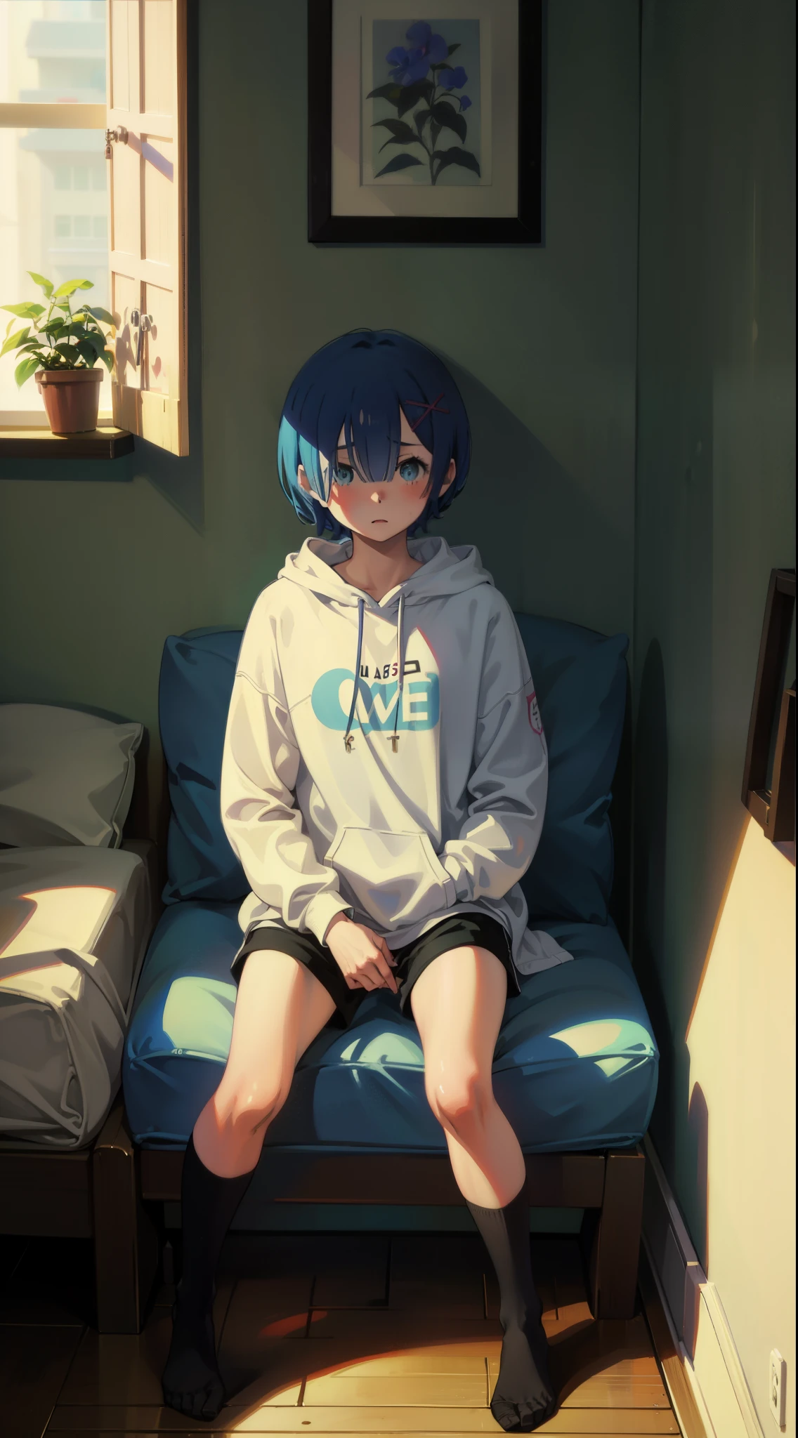 Sitting cross-legged、Sitting cross-legged、 shorts、 wearing a hoodie、masturbation, pussy, pussy juice、 pussy、masturbation、, pussy、 masturbates、masturbation、 、Cute casual clothes、、Acme Face、Random pose、short hair、Blue Hair、、hair over one eye、、nsfw、Highest quality、1 girl、Alone、、Sexy pose、Random pose、Blushing、wet、Sofa bed、room、masturbation, pussy、デニムの shorts、masturbation、 masturbates、masturbation、 、Cute casual clothes、
