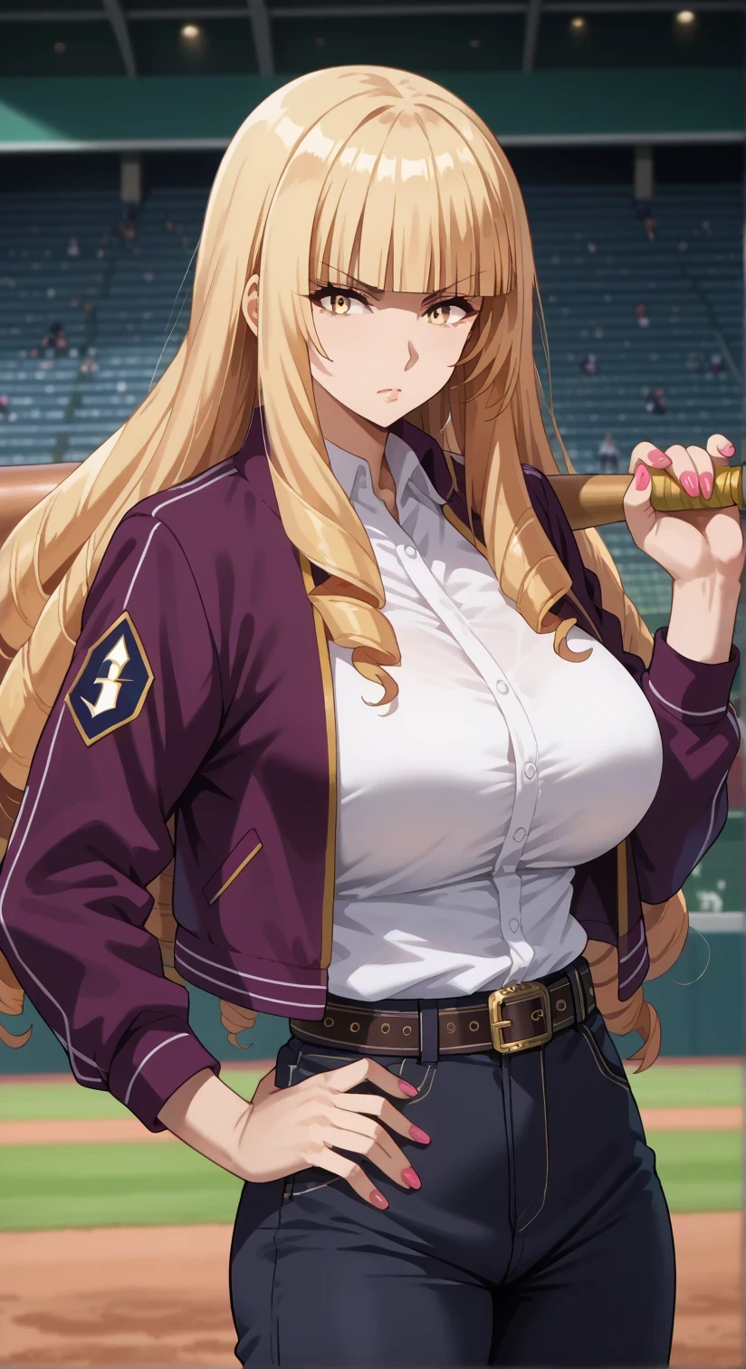 Tall female, fit girl, score_9, score_8_up, score_7_up, source_anime,
orianarose, oriana rose, long hair, blonde hair, yellow eyes, drill hair, bangs, blunt bangs, mature female, huge breasts, 
flash gyaru, 1girl, baseball_bat, solo, jacket, nail_bat, pants, hand_on_hip, black_jacket, nail, long_hair, shirt, looking_at_viewer, belt, black_pants, white_shirt, realistic, open_clothes, holding, holding_baseball_bat, open_jacket, weapon, black_hair, standing, long_sleeves, bosozoku outfit