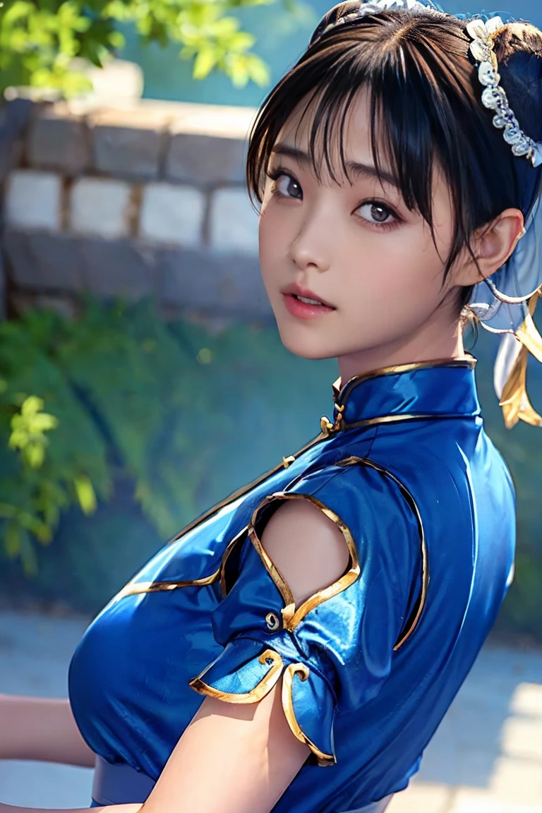 《Street Fight II》Chun Li,Perfect Chun Li Costume,Blue and gold thread cheongsam,Bun head,Covers wellมาก,fighting posture,Masterpiece、1 beautiful girl、beautiful eyes、Bags under the eyes、best quality, 超high resolution, (reality: 1.4), light、Japan、Asian beauty、Korea、It's so beautiful.、Beautiful skin、body facing forward、close-up photo of face、(超reality的な)、(high resolution)、(8K)、(very detailed)、(美しくbeautiful eyes)、(Awesome details)、 (wall-)、delicate face、明亮的light、Professional lighting、looking at the audience、direct vision、side edge、Nogizaka Idol、Korea Idol、Masterpiece, best quality, Masterpiece, best quality, perfect face, Perfect brown eyes and whites, Bad move -5, lonely, 1 woman, upper body, brown hair, From SF2, Chinese service, smile, muscular woman, blue clothes, tights, Pelvic curtain, puffy short sleeves, Covers well, sash, estimate: