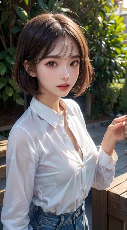 ((of the highest quality, 8K, masutepiece: 1.3, Raw photo)), Sharp Focus: 1.2, (1 AESPA Girl: 1.2), (Realistic, Photorealistic: 1.37), (Face Focus: 1.1), Cute face, D Cup Breasts, Short messy hair, nude, (Long Button White Shirt: 1.1), Beautiful Woman sitting Under Street Lamp Light, Cinematic lighting, Thigh,
